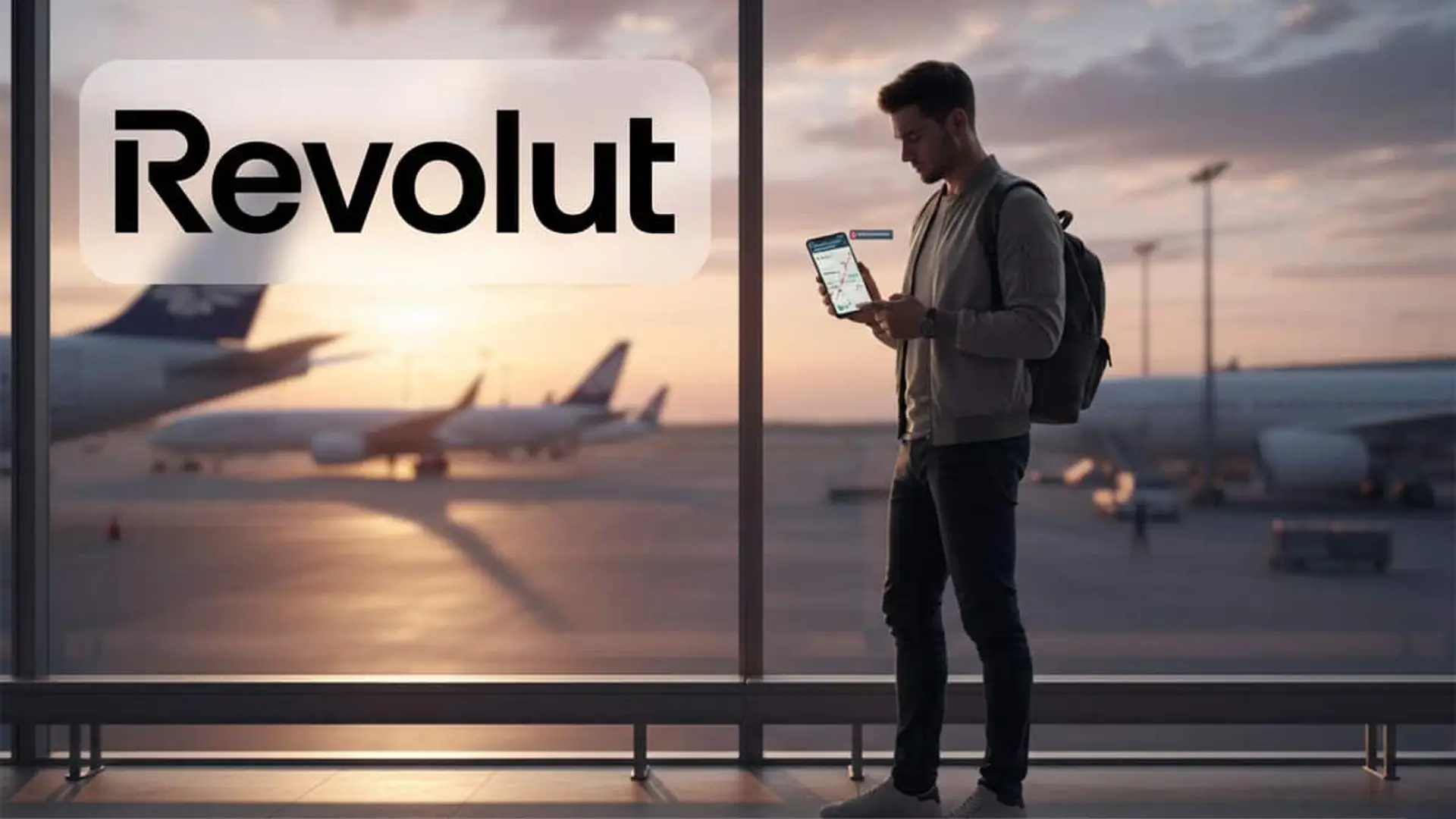 Hombre joven usando la app de Revolut en su móvil mientras espera un vuelo en el aeropuerto, con aviones al fondo.