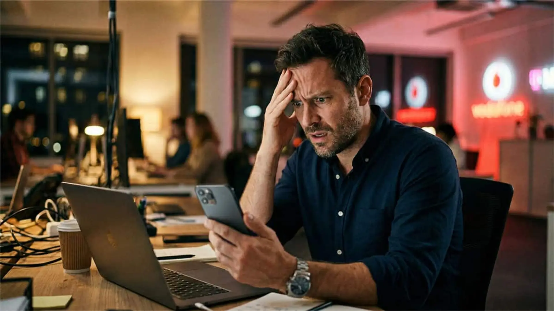 Hombre preocupado mirando su teléfono móvil en una oficina de Vodafone.