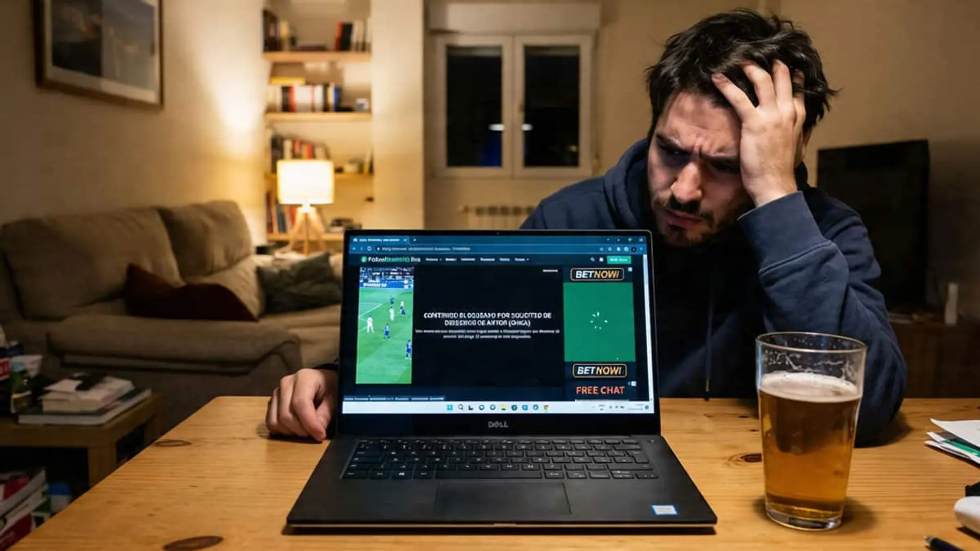 Movistar involucra a Orange, Vodafone y DIGI en los bloqueos del fútbol y los extiende a otros deportes Hombre preocupado sentado frente a un ordenador portátil con una página de fútbol en la pantalla