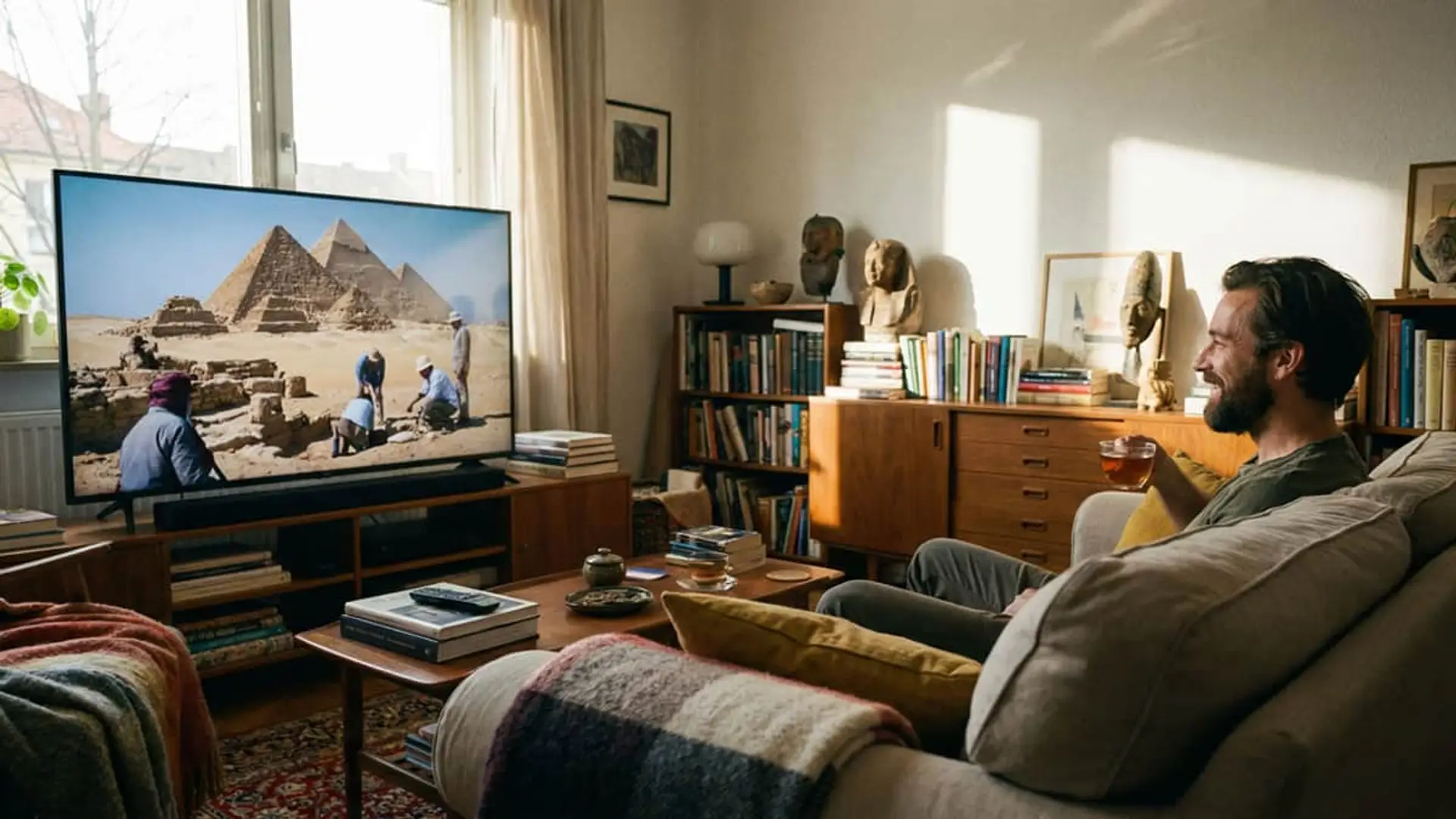 Hombre viendo un documental sobre las pirámides de Egipto en la TV desde la comodidad de tu sofá.