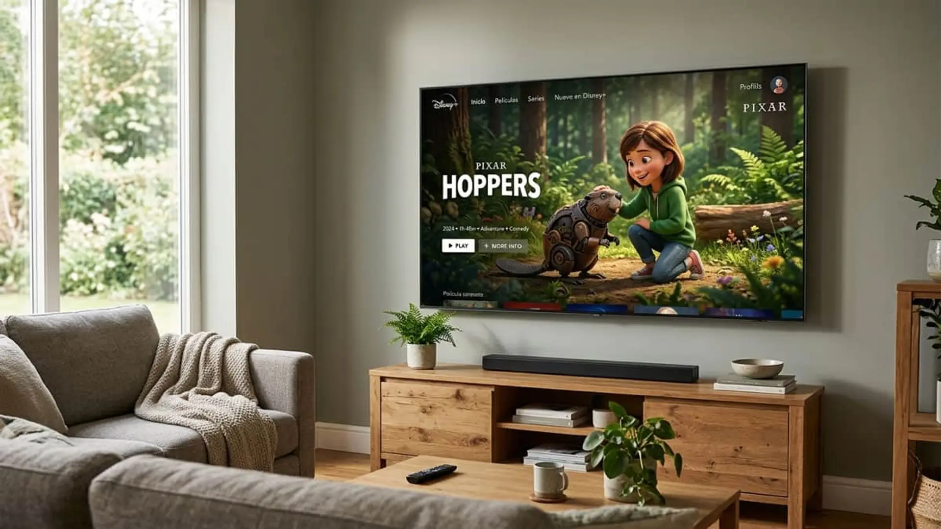 Televisor en salón mostrando Disney+ con Hoppers de Pixar: niña animada junto a un castor robótico en un bosque