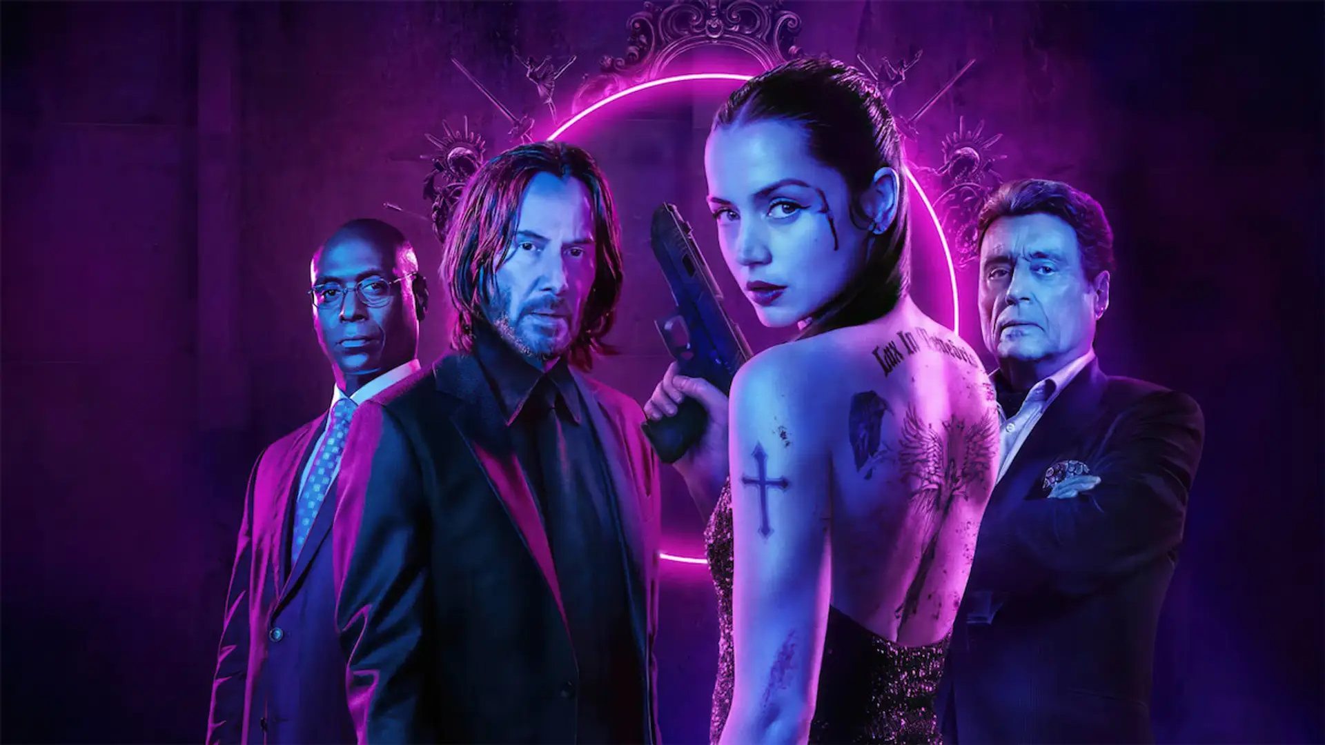 Póster promocional de Ballerina, el spin-off de John Wick, con Ana de Armas, Keanu Reeves, Ian McShane y Lance Reddick.