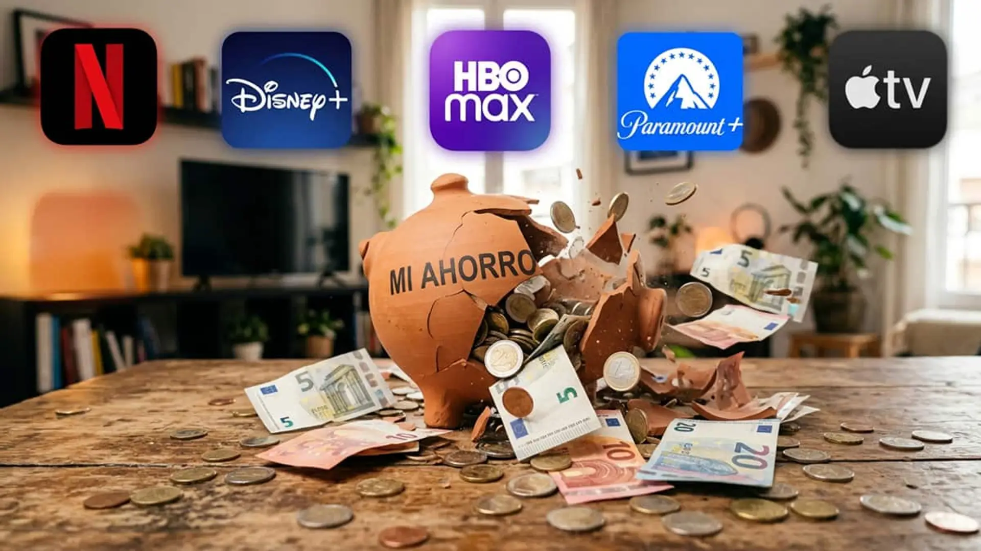Hucha rota con billetes y monedas sobre una mesa y logotipos de plataformas de streaming en la parte superior