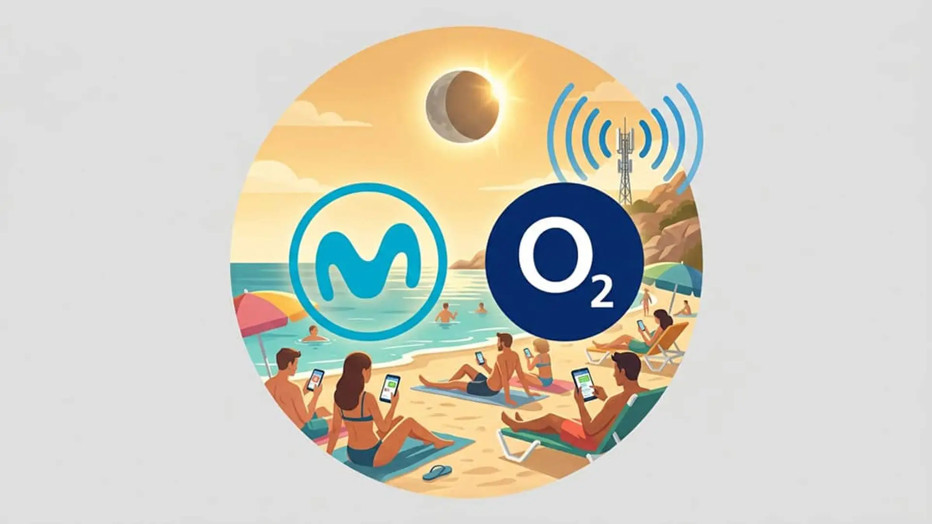 Benidorm, Ibiza, Tarifa, Sanxenxo... Movistar y O2 estrenan red 5G este verano en estas 34 localidades Ilustración de una playa con personas usando el móvil, una antena, un eclipse y los logotipos de Movistar y O2