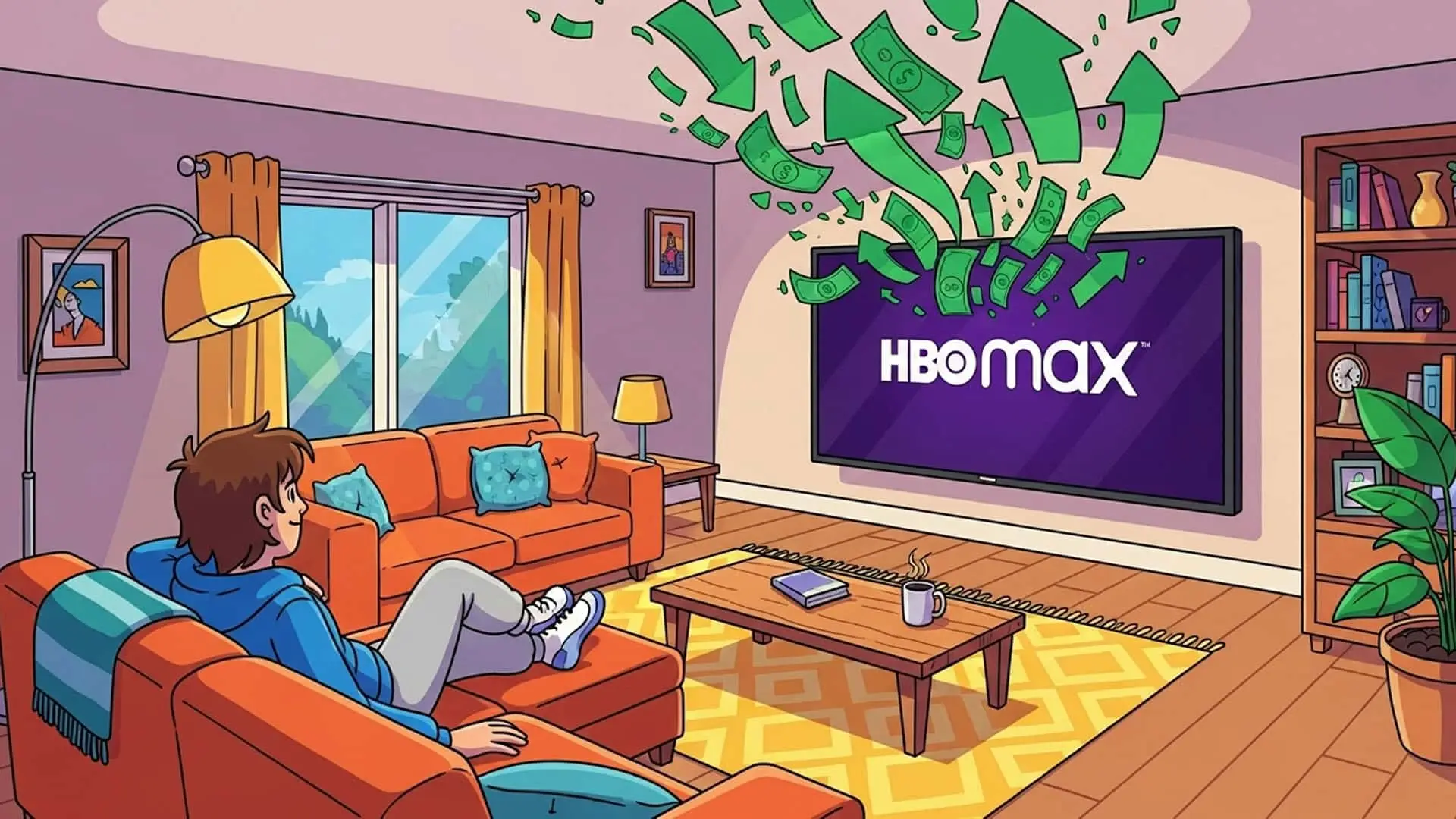 Ilustración de una persona viendo HBO Max mientras el dinero sale de la TV, simbolizando la subida de precio de la suscripción.