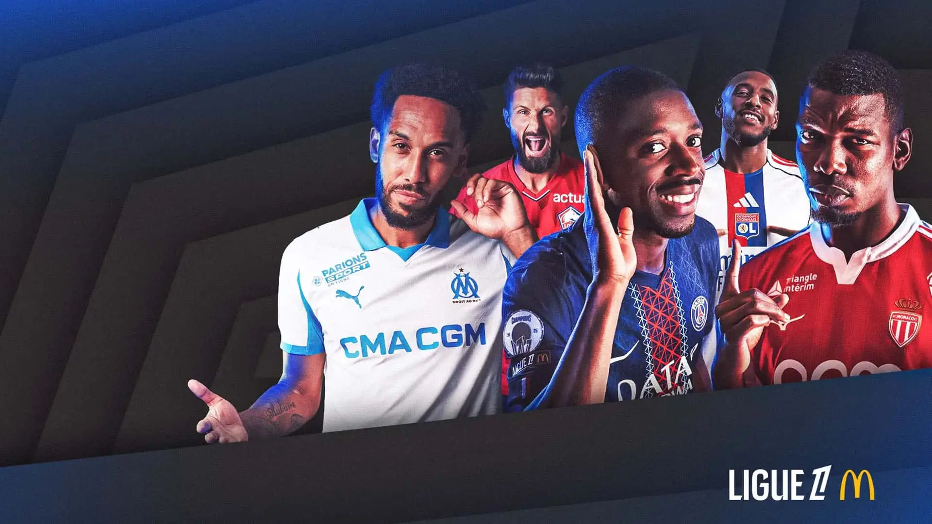 Collage de los jugadores estrella de la Ligue 1 de Francia, como Aubameyang, Pogba y Lacazette.