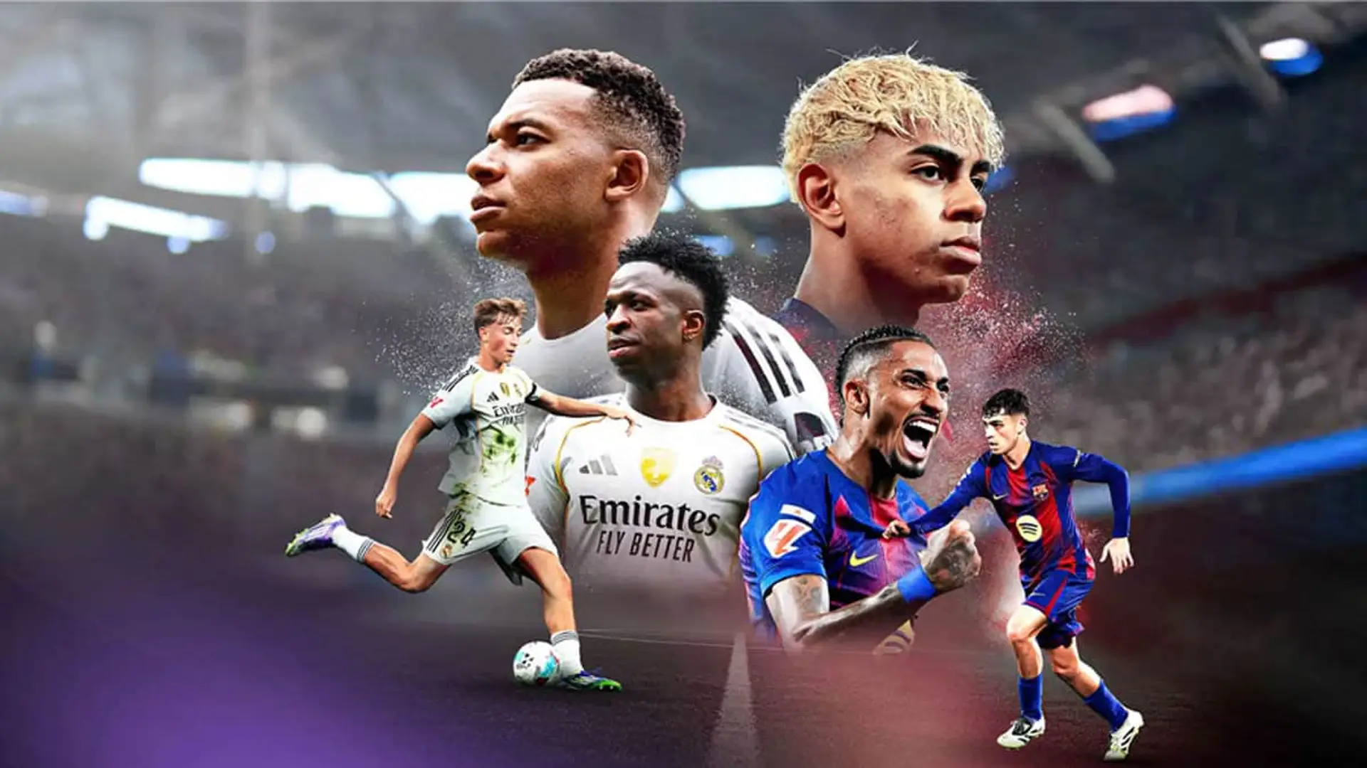 Collage de futbolistas estrella del Real Madrid y FC Barcelona, como Mbappé y Vinicius.