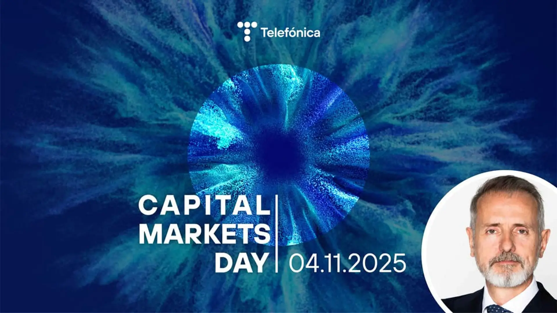 Vodafone y DIGI siguen en el radar de Telefónica: su Plan Estratégico aparca las compras, pero deja la puerta abierta Imagen corporativa de Telefónica del Capital Markets Day 04.11.2025 con círculo azul y retrato de su CEO Marc Murtra.