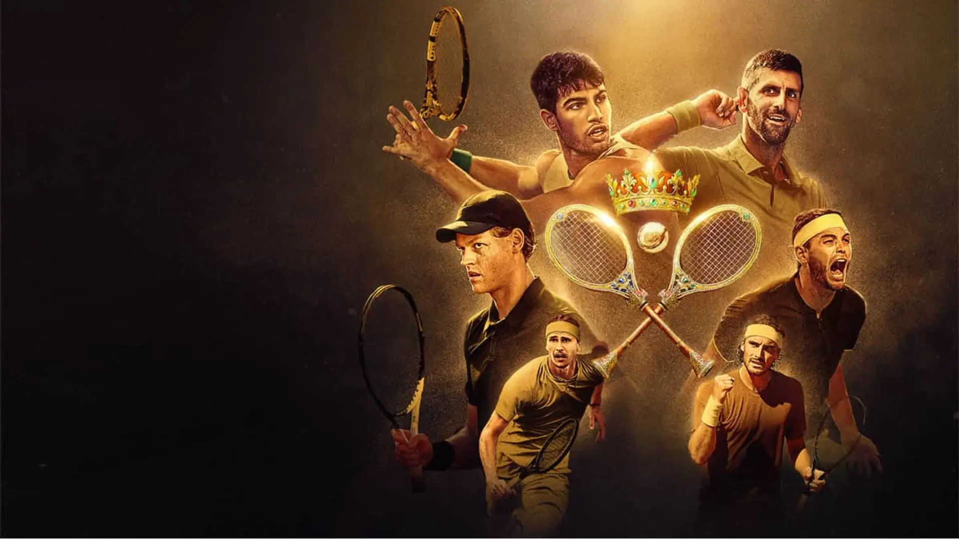 Dónde ver a Alcaraz hoy: horario del Six Kings Slam en directo por TV en España Collage promocional del torneo de tenis Six Kings Slam de Netflix con los seis tenistas participantes en acción.