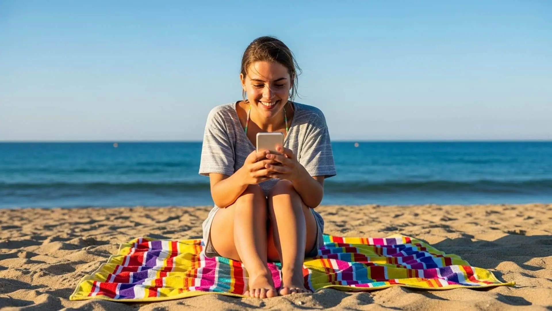 Instagram, TikTok y YouTube lideran el consumo de datos 5G durante el verano Mujer sonriendo mientras usa su smartphone en la playa, disfrutando de la conexión a internet en sus vacaciones de verano.