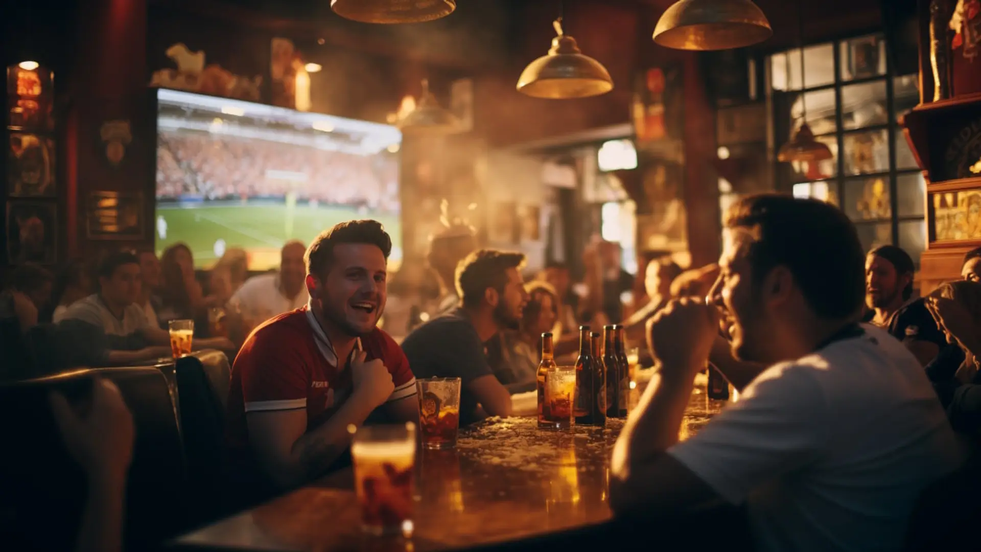 Amigos sonrientes viendo un partido de fútbol en un bar o pub con ambiente animado y una televisión de fondo.