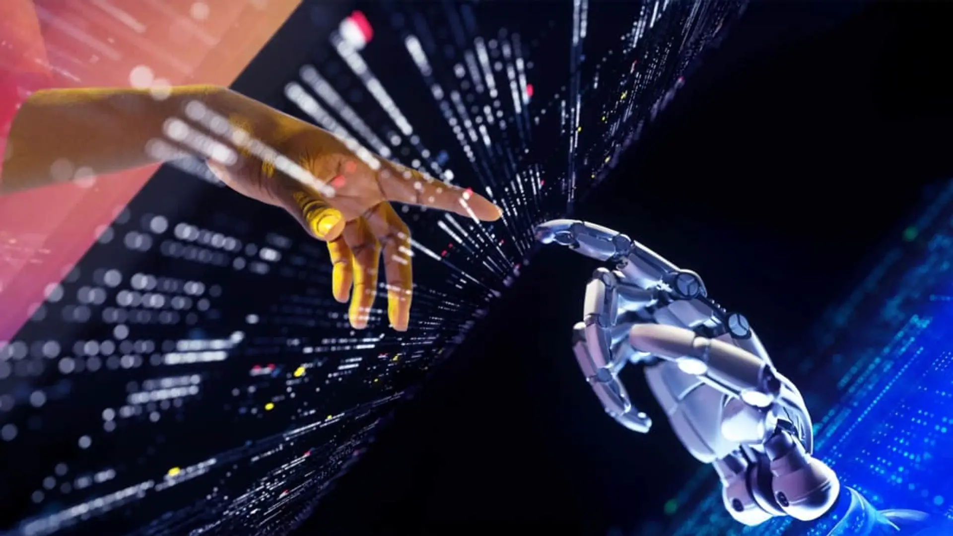 Mano humana y mano robótica a punto de tocarse, símbolo de la conexión entre la humanidad y la Inteligencia Artificial (IA).