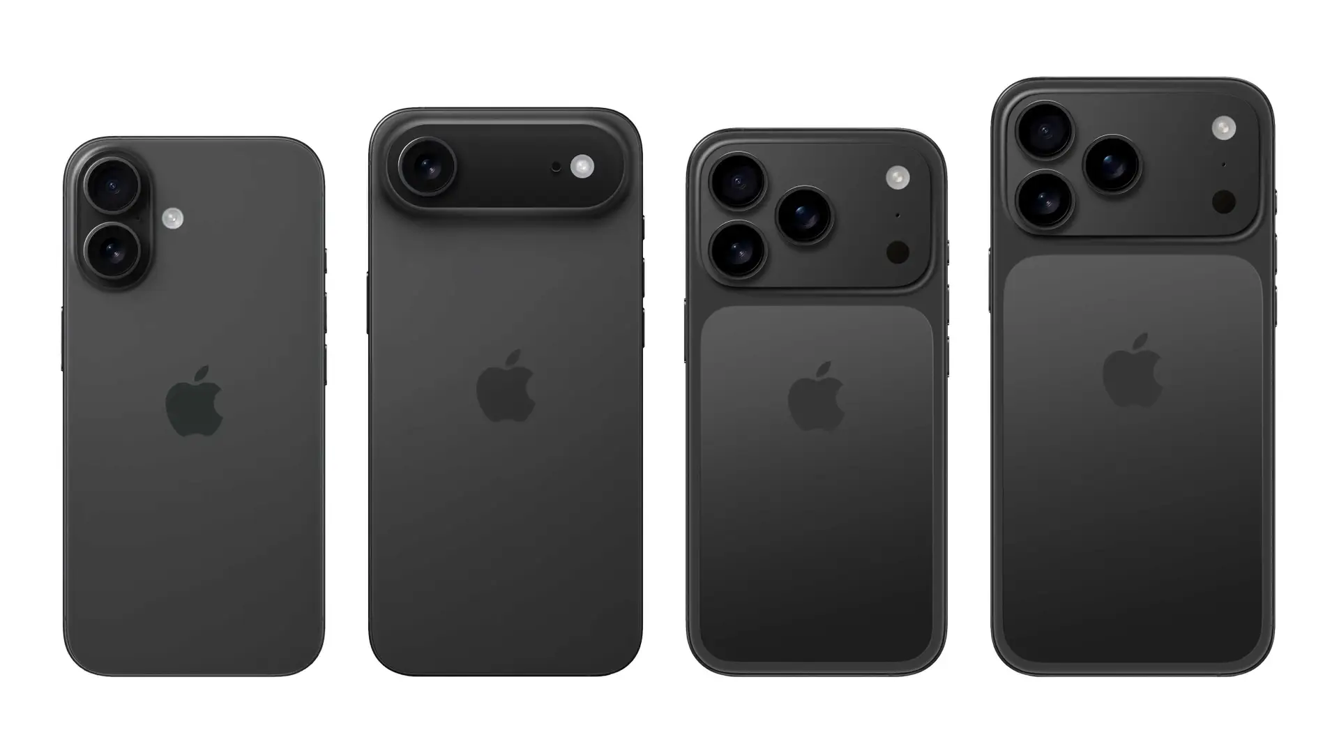 Comparativa de cuatro conceptos de diseño para nuevos modelos de iPhone 17 en color negro, mostrando la diferencia entre las cámaras.