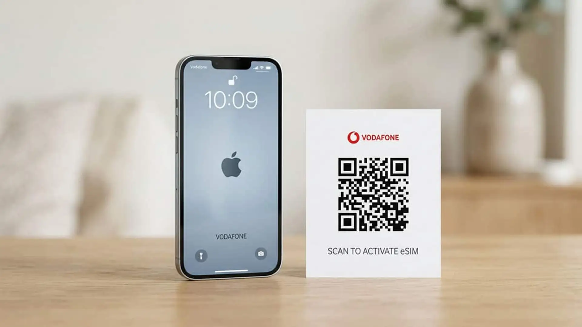 iPhone con Vodafone junto a una tarjeta con código QR para activar una eSIM sobre una mesa
