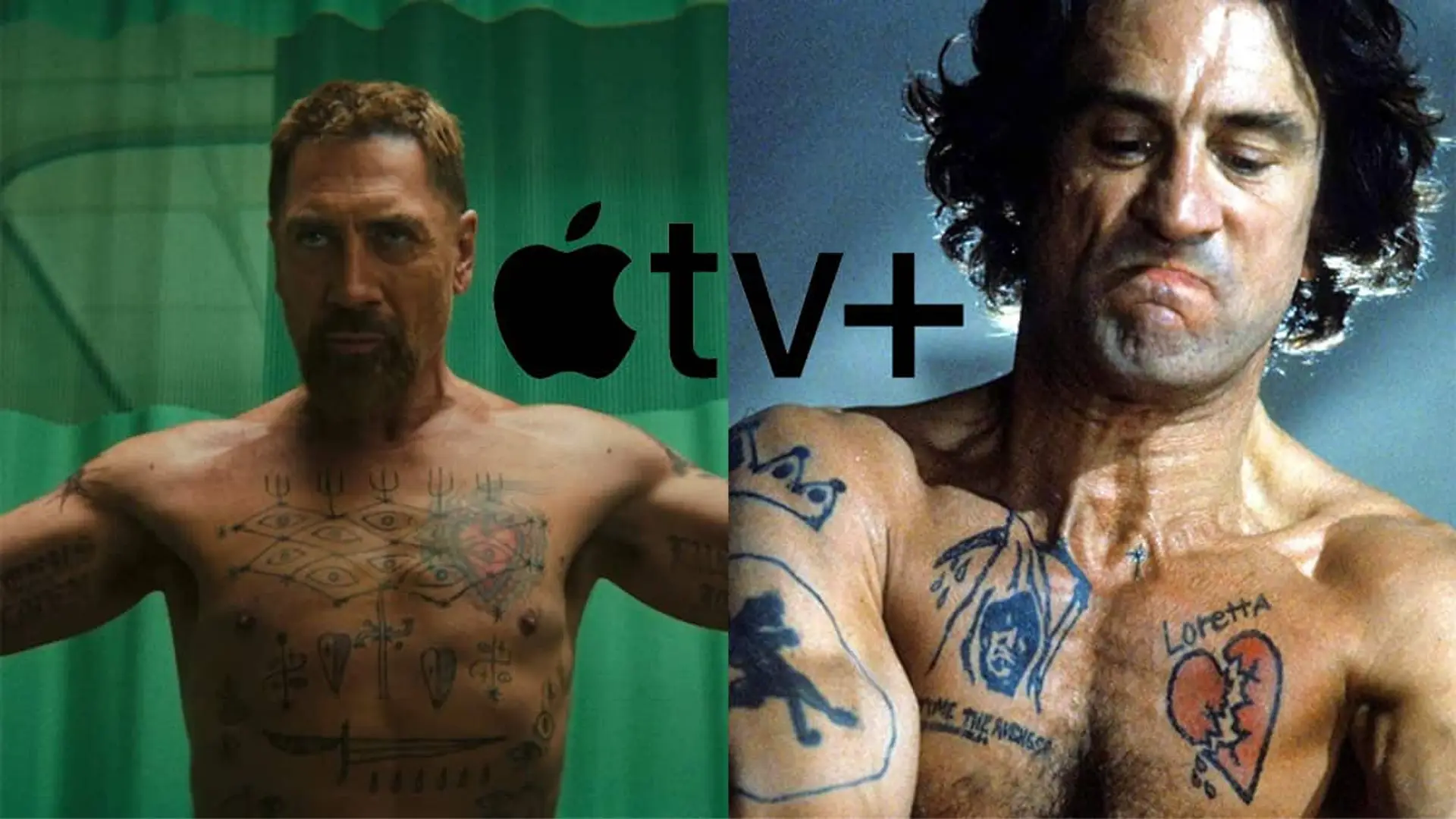 Montaje con Javier Bardem y Robert De Niro como el asesino de El cabo del miedo y logotipo de Apple TV Plus en el centro