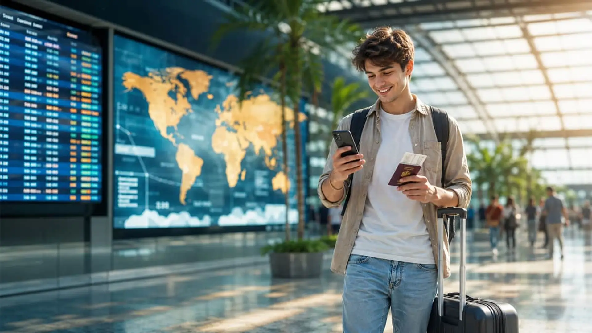 La eSIM de viajes de O2 que no sube de precio vayas donde vayas: 2,45€ al día Joven viajero consulta su móvil en aeropuerto con pasaporte, maleta y panel de vuelos