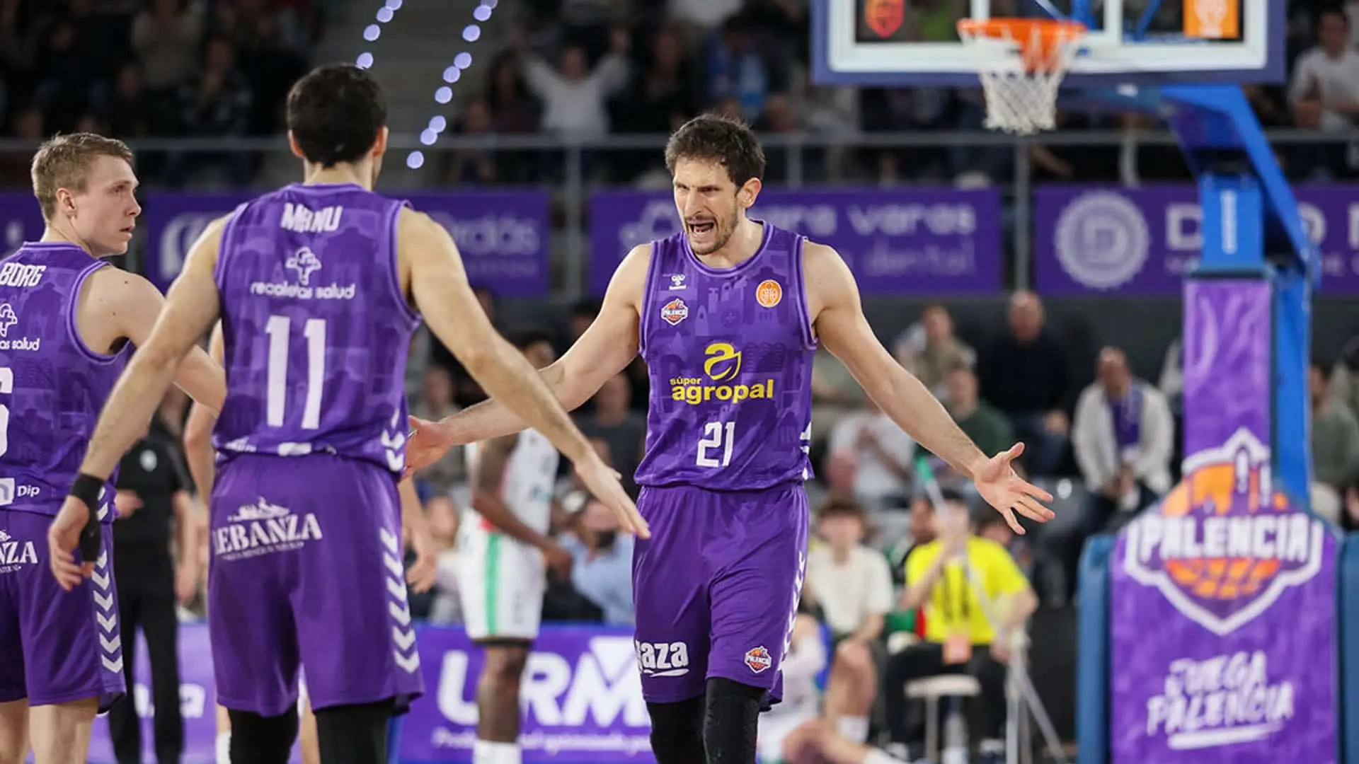 Jugadores del Palencia Basket celebrando una jugada en la Primera FEB.