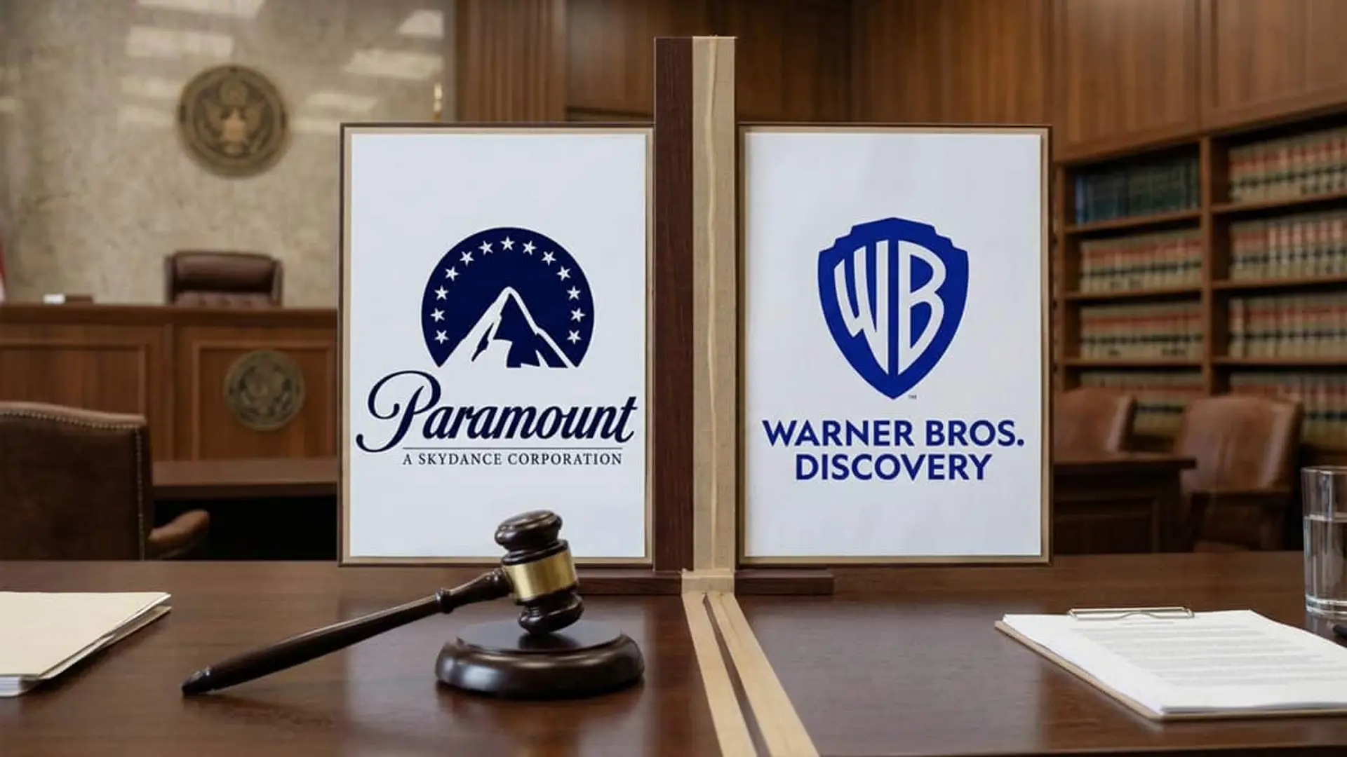 La Justicia de EEUU paraliza la fusión Paramount-Warner mientras revisa la demanda antimonopolio de 12 estados Logotipos de Paramount y Warner Bros. Discovery frente a frente en una sala de tribunal con un mazo de juez