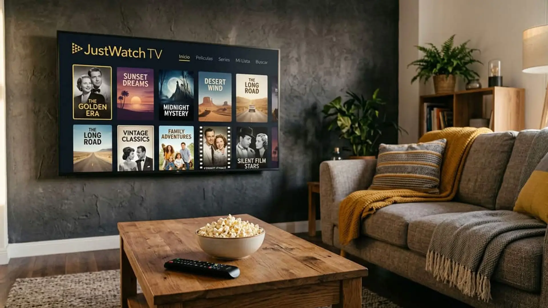 JustWatch TV llega en octubre a España: cine gratis con anuncios, alquileres y opción sin publicidad Televisor con el catálogo de películas de JustWatch TV en un salón con palomitas y mando a distancia