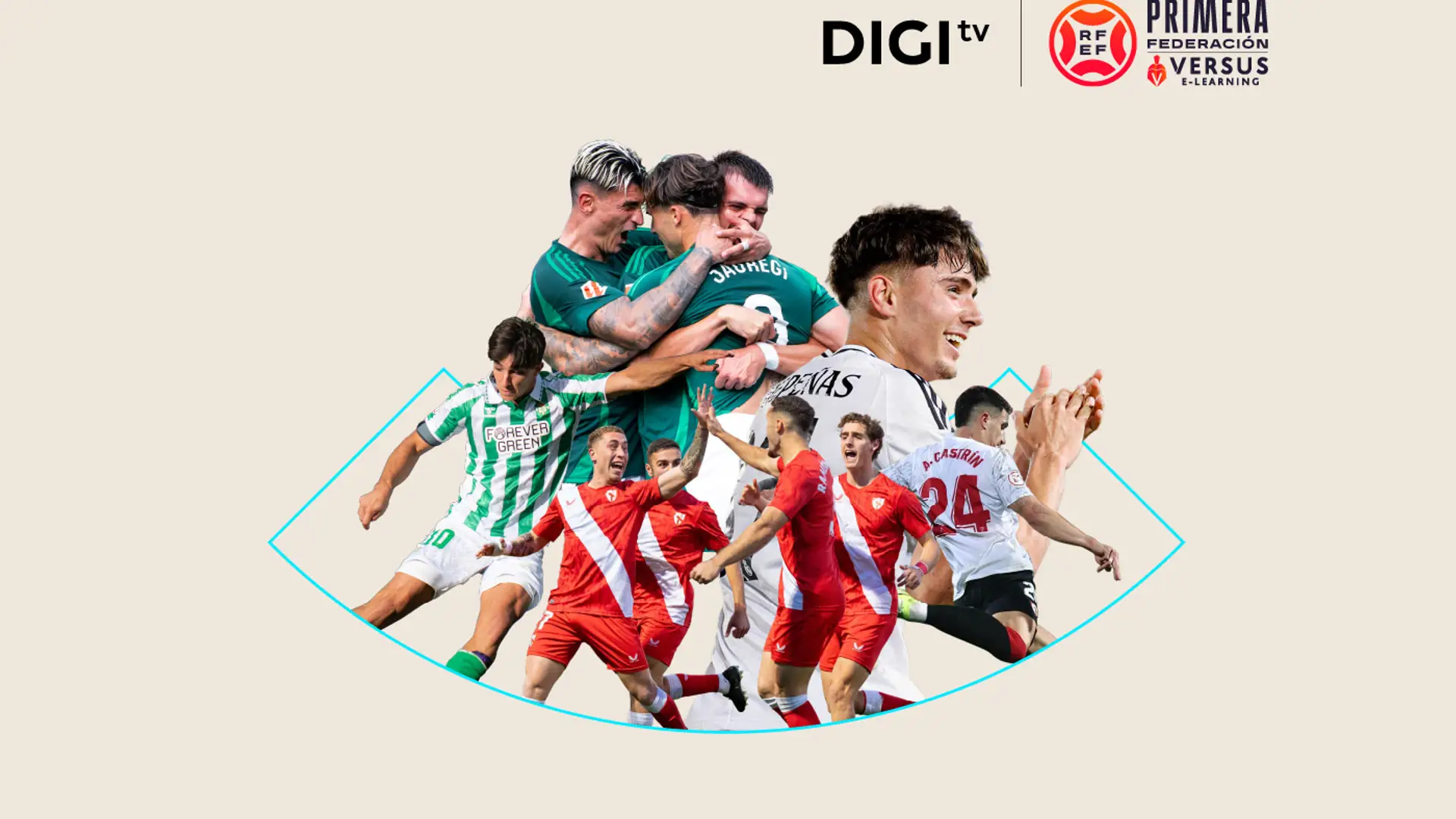 Collage de jugadores de la Primera Federación con el logo de DIGI TV, la plataforma donde ver la competición.