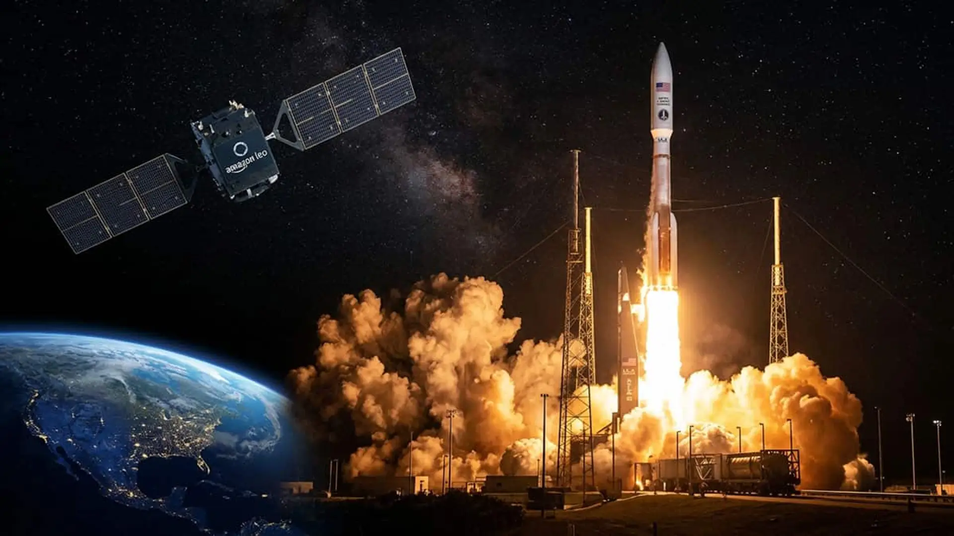 Amazon Leo llega a 396 satélites: así queda frente a Starlink antes de su lanzamiento comercial Cohete despegando desde una plataforma de lanzamiento junto a un satélite Project Kuiper de Amazon sobre una vista de la Tierra