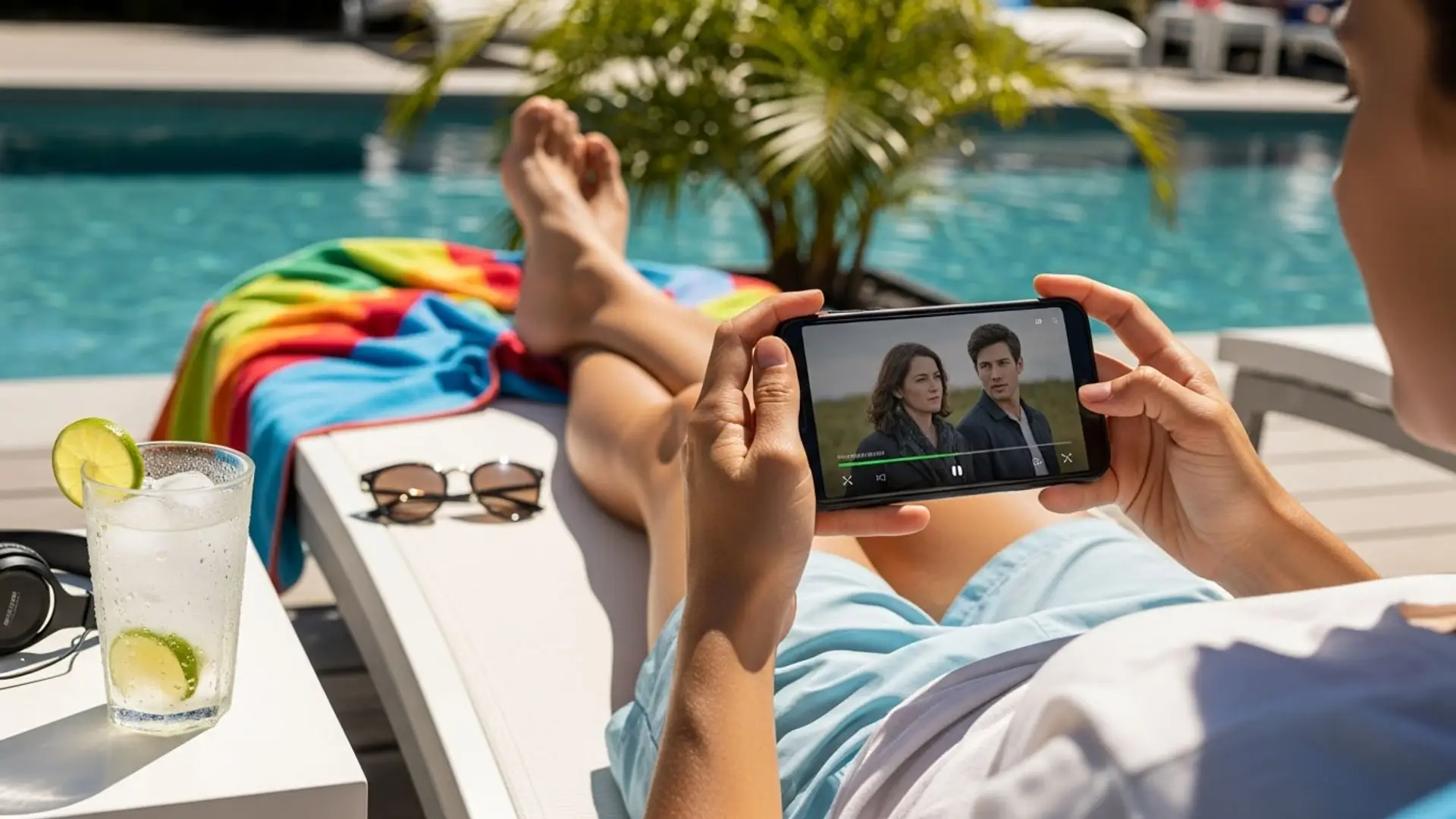 Las 35 mejores series cortas para ver en la piscina o en la playa Persona viendo una película en su smartphone mientras se relaja en una tumbona junto a la piscina durante sus vacaciones.