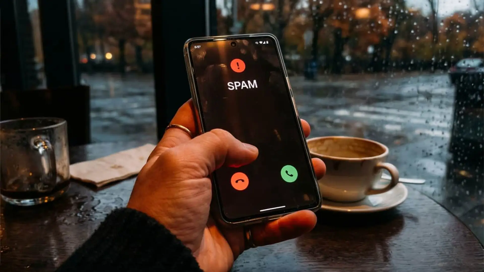 Persona recibiendo una llamada spam en su smartphone en una cafetería.