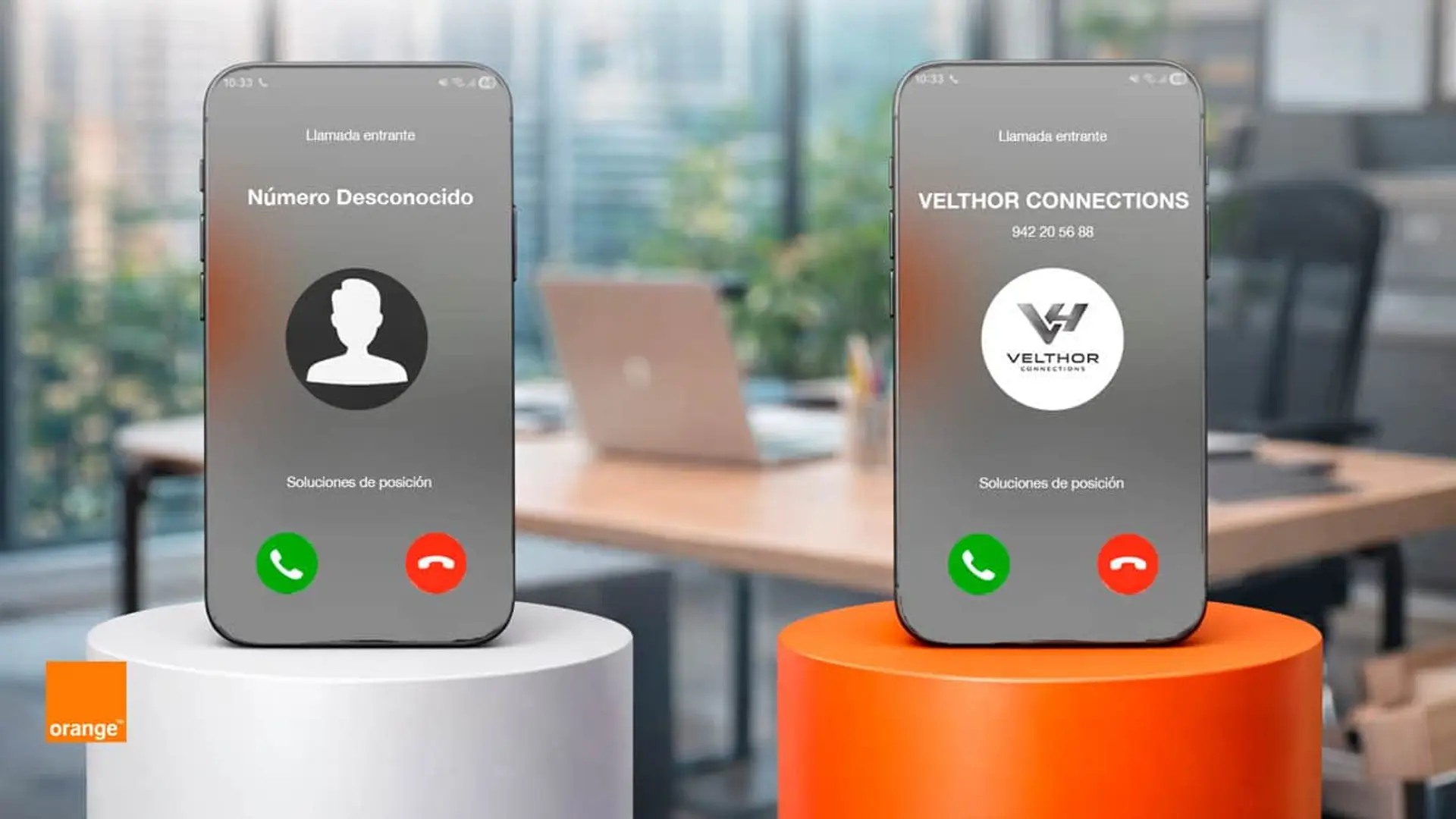 Identificación de llamadas de Orange: comparativa entre número desconocido y llamada corporativa identificada de Velthor.