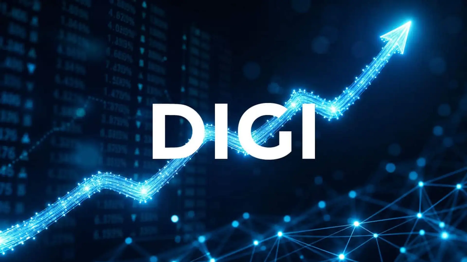 DIGI encadena 22 meses seguidos robando más de 100.000 clientes al mes y ningún rival ha podido frenarlo Logotipo de DIGI sobre un fondo bursátil azul con una flecha ascendente luminosa