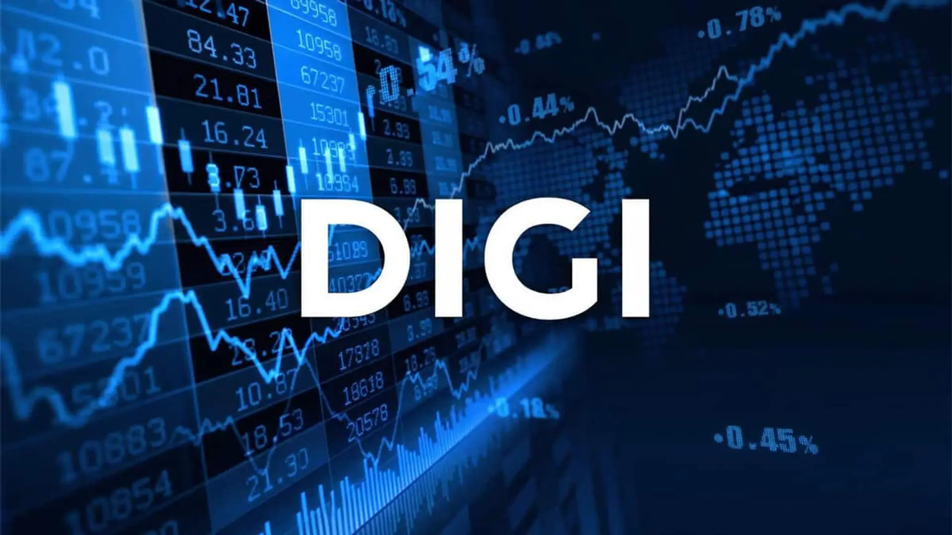 Logotipo de DIGI sobre gráficos bursátiles y cotizaciones en una pantalla azul