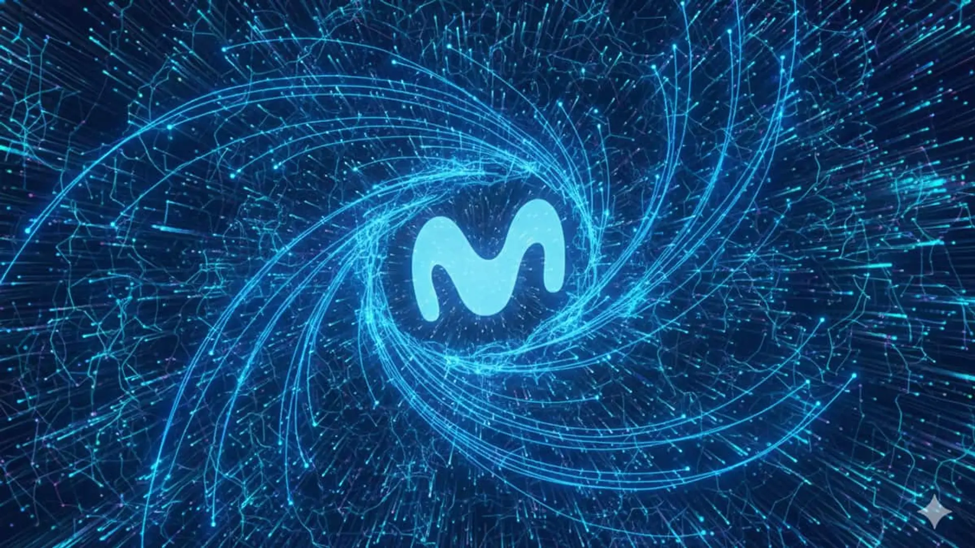 Logotipo de Movistar en un entorno digital azul con efectos de luz que simbolizan conectividad y tecnología.