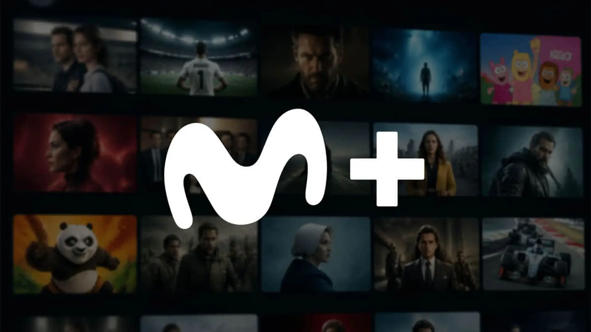 Logo de Movistar Plus sobre una parrilla de contenidos de series, fútbol y películas