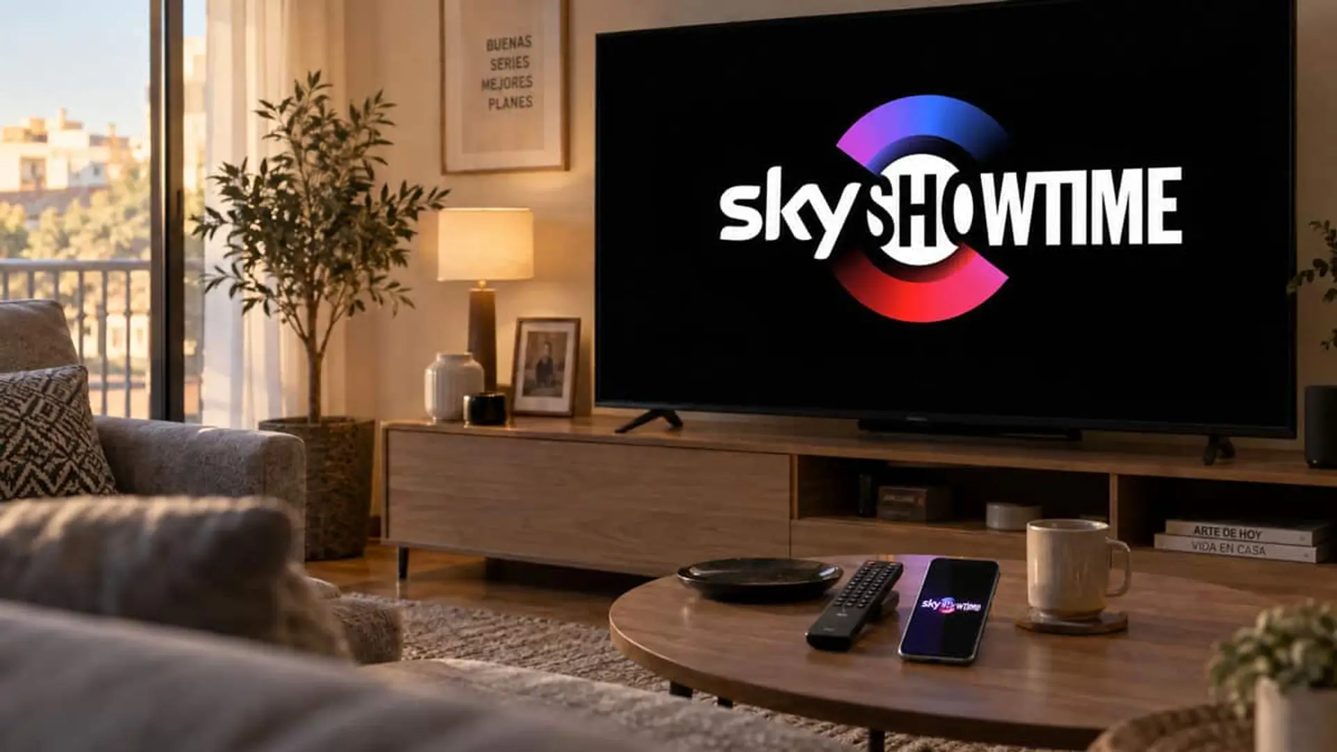 Televisión con el logotipo de SkyShowtime en un salón junto a un móvil y un mando a distancia