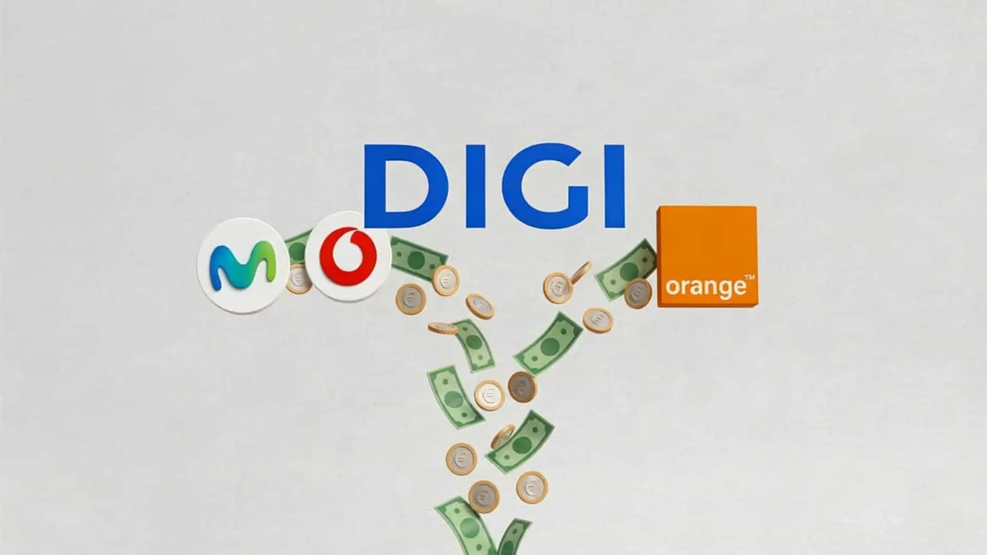 Logos de DIGI, Movistar, Vodafone y Orange con billetes y monedas cayendo en forma de embudo sobre fondo claro