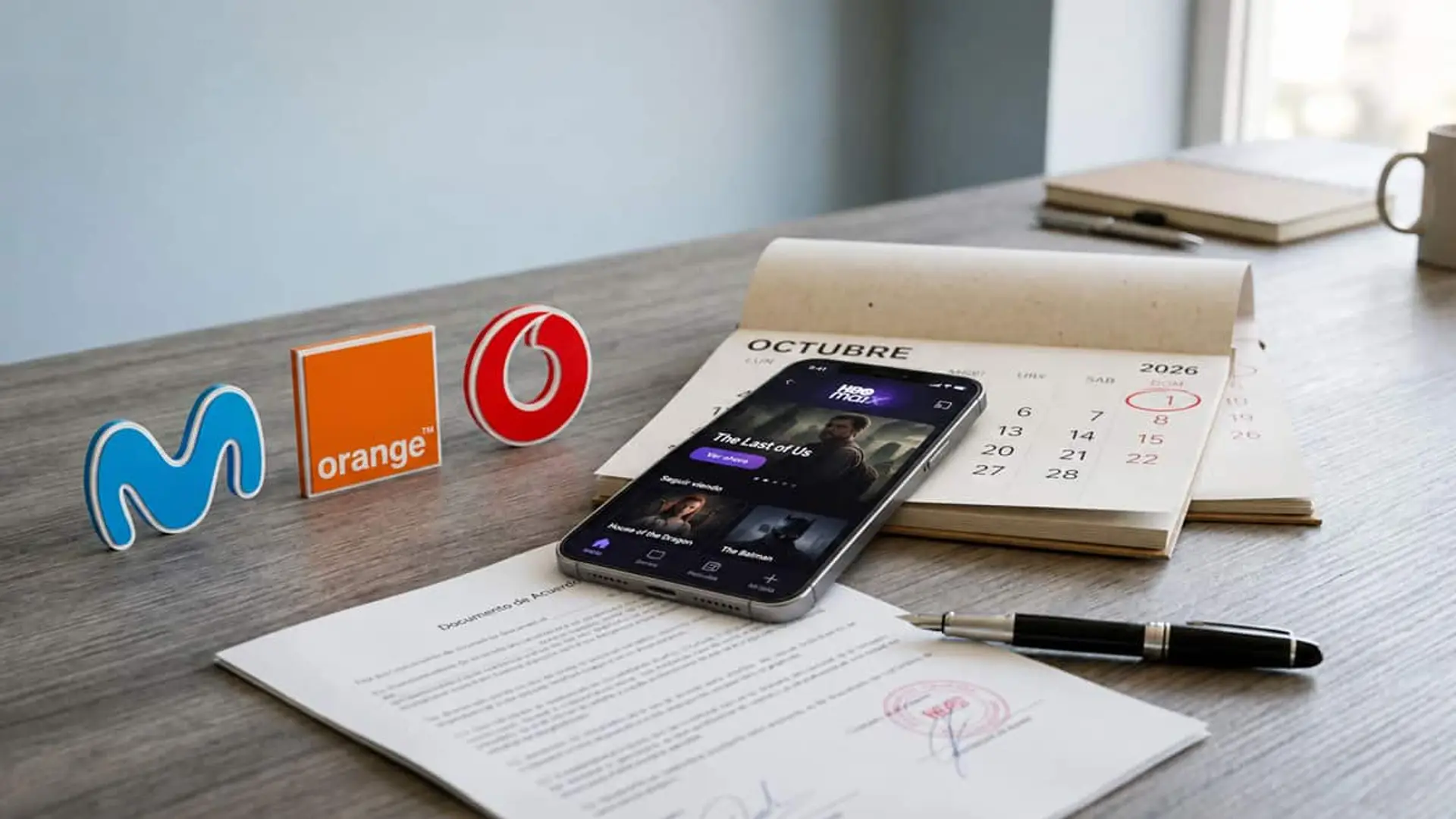 Qué pasa con tu HBO Max si tienes Movistar, Orange o Vodafone tras el pacto Paramount-Warner Logos de Movistar, Orange y Vodafone junto a un móvil con HBO Max, un calendario de octubre de 2026 y un documento firmado