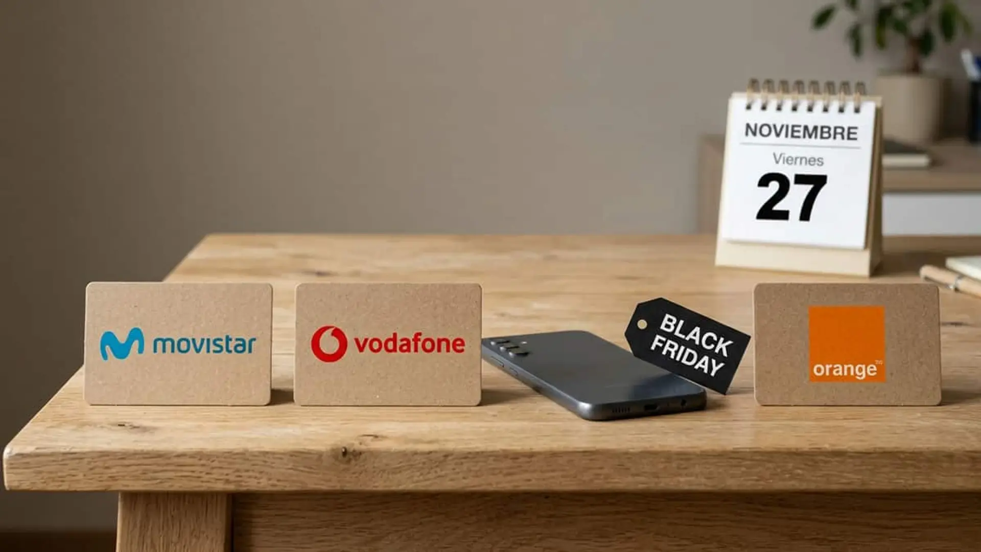 Cuándo empieza el Black Friday en Movistar, Vodafone y Orange: fechas y primeras ofertas Logos de Movistar, Vodafone y Orange junto a un móvil, una etiqueta Black Friday y un calendario del 27 de noviembre.
