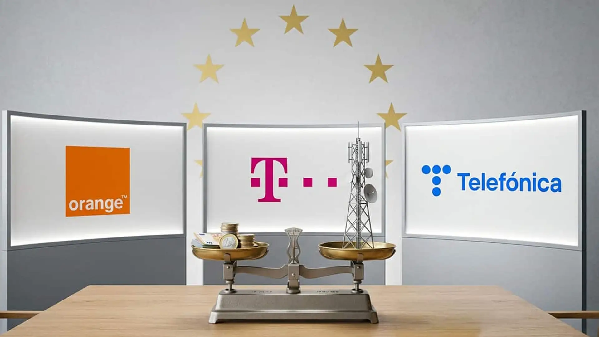 Logos de Orange, Deutsche Telekom y Telefónica junto a una balanza con monedas y una antena de telecomunicaciones