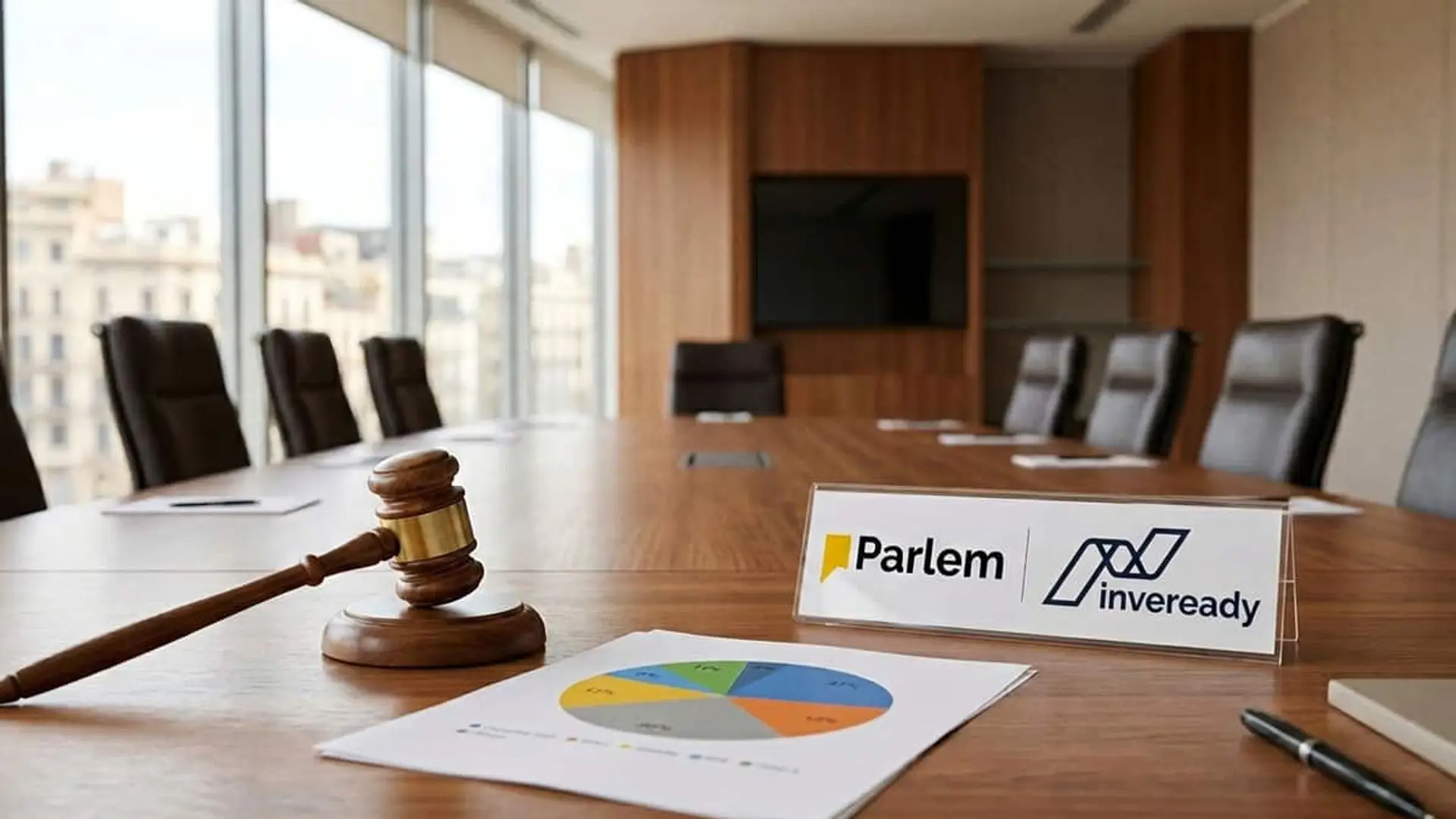 Logotipos de Parlem e Inveready sobre una mesa de reuniones junto a un mazo y un gráfico financiero