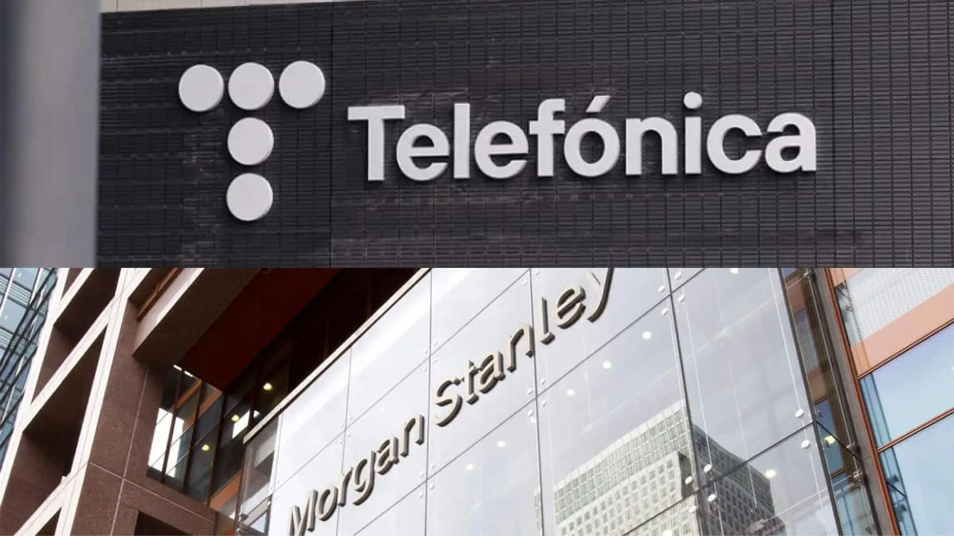 Telefónica va en serio a por Vodafone: ha contratado a Morgan Stanley para su ampliación de capital Imagen a pantalla dividida con los logos de Telefónica y de Morgan Stanley en fachadas de edificios