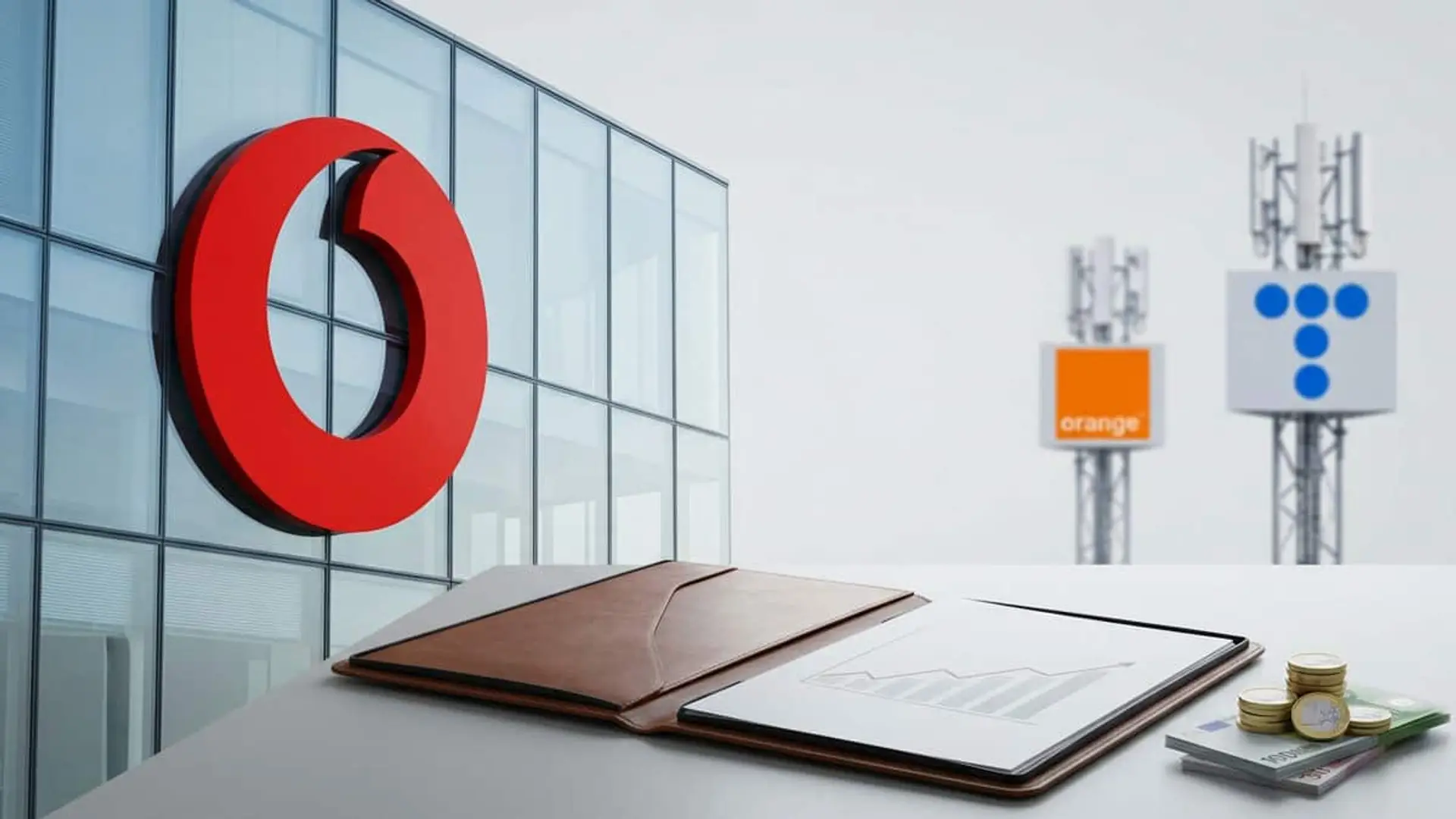 Vodafone crea una marca mayorista para quitarle clientes a Orange y Telefónica Logos de Vodafone, Orange y Telefónica junto a antenas de telecomunicaciones, un contrato y dinero