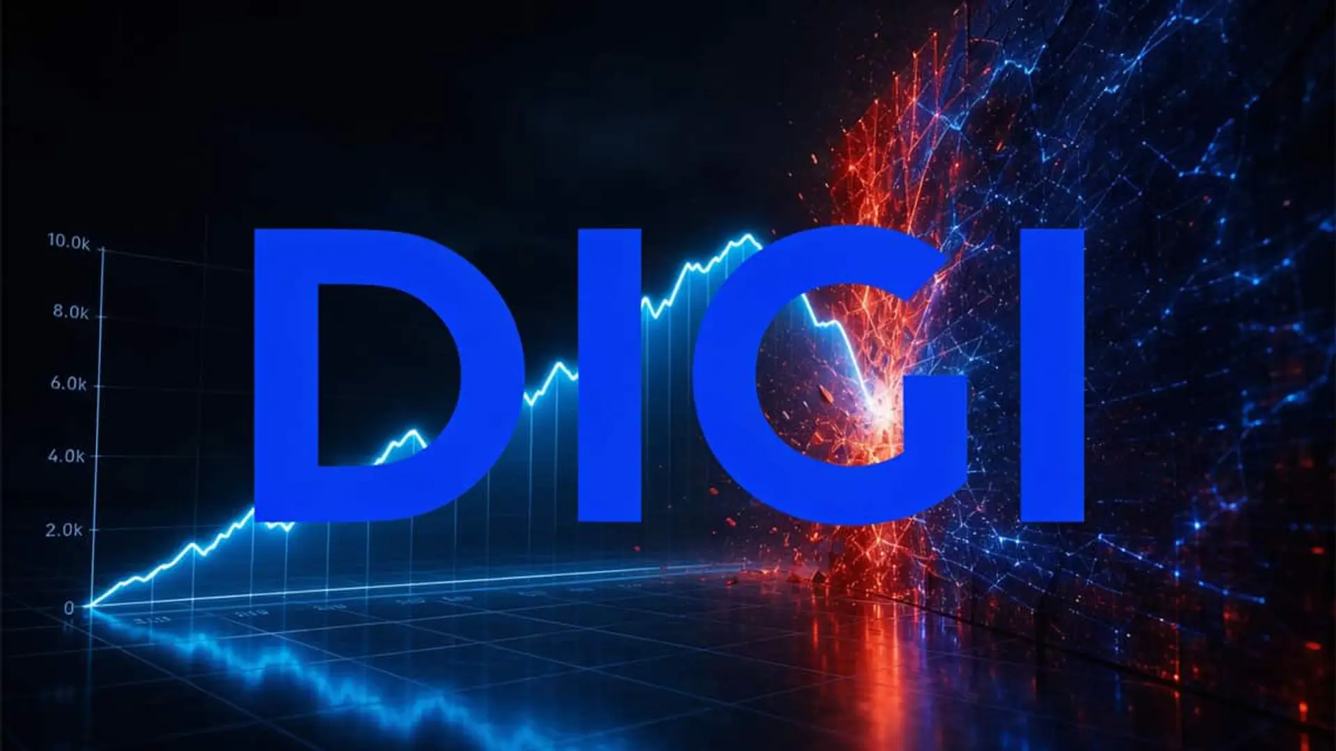 Logotipo de DIGI sobre un gráfico financiero ascendente con una zona de caída representada mediante efectos visuales en azul y rojo