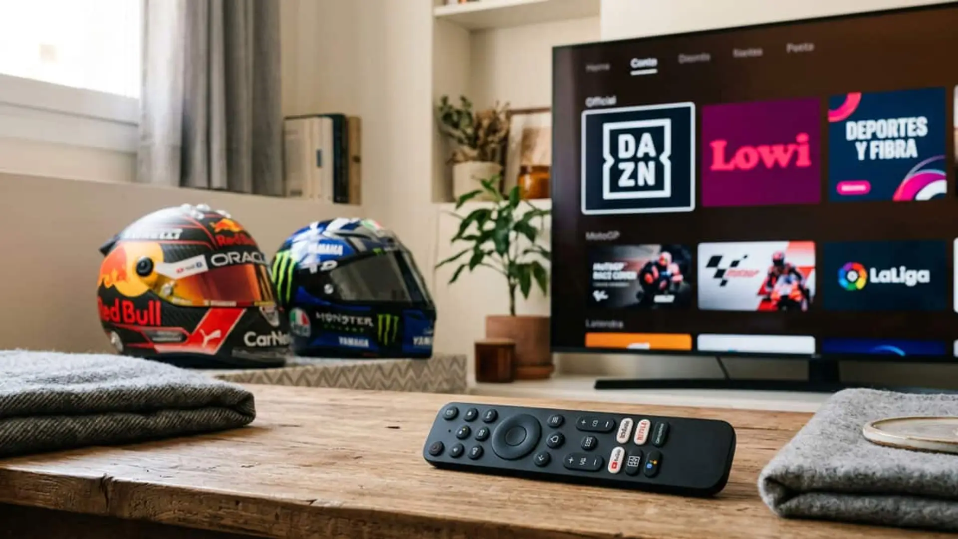Televisor con DAZN y Lowi junto a dos cascos de motociclismo y un mando a distancia