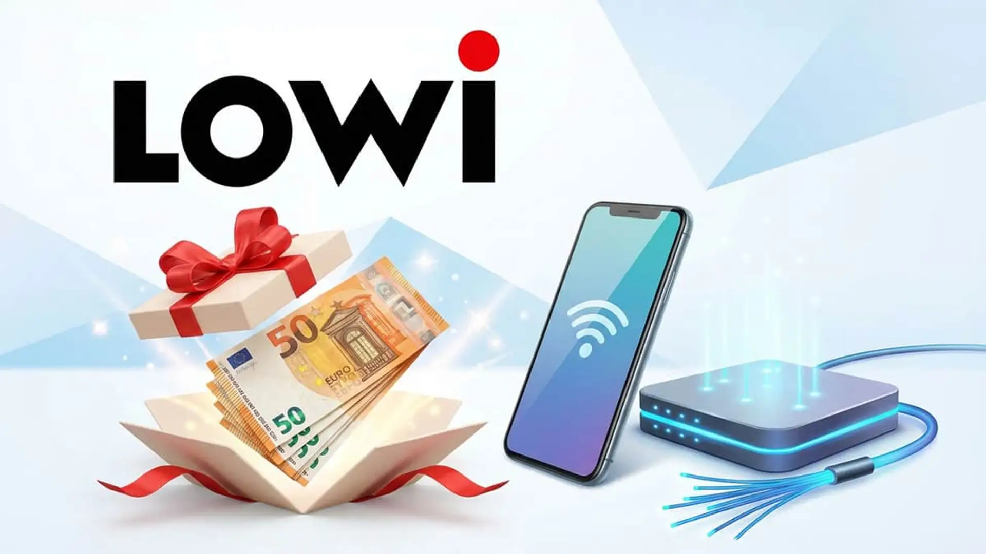 Caja de regalo abierta con billete de 50 euros junto al logo de Lowi, móvil y router de fibra.