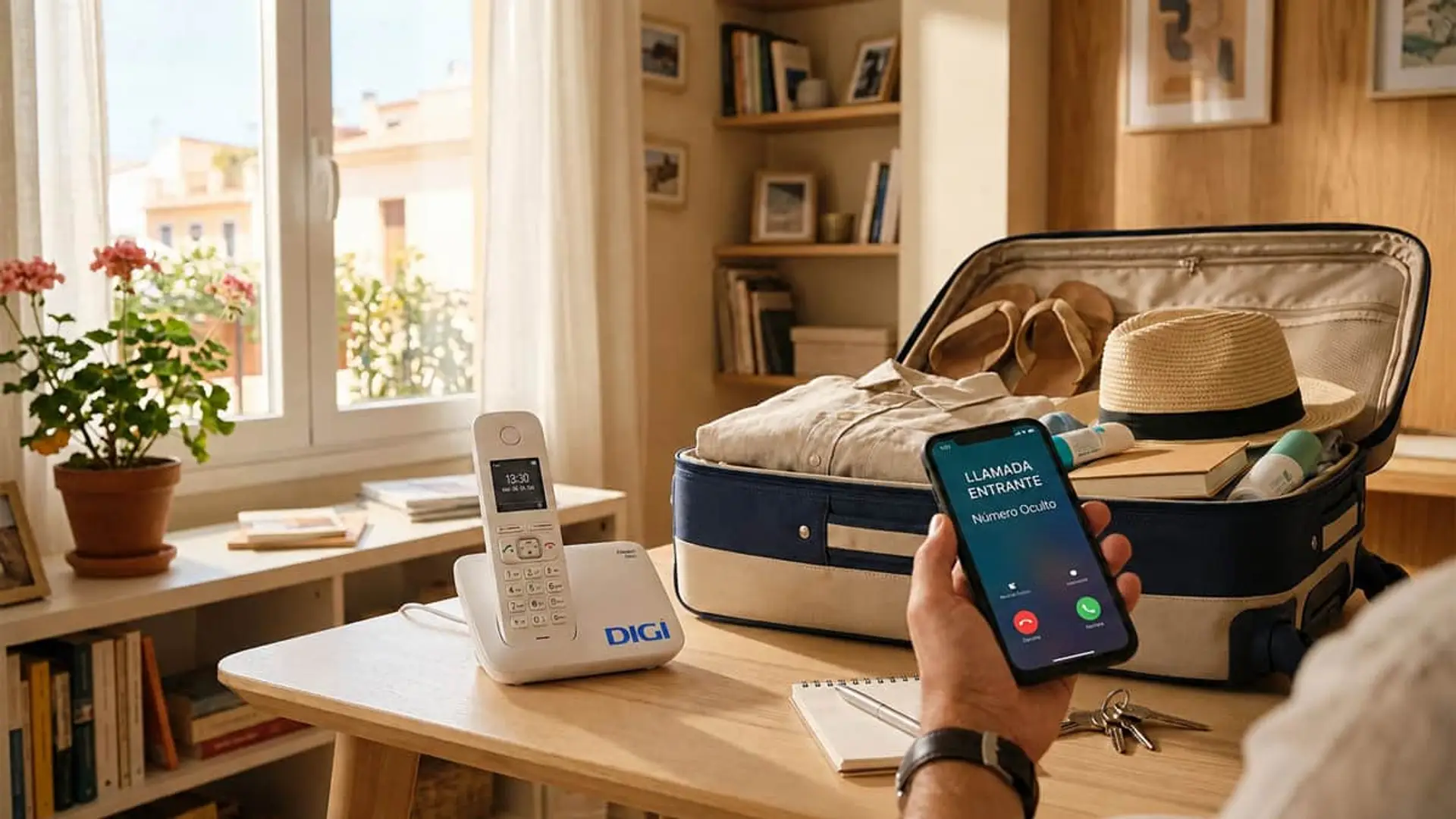 Maleta abierta para viaje junto a teléfono móvil de Digi con llamada entrante de número oculto.