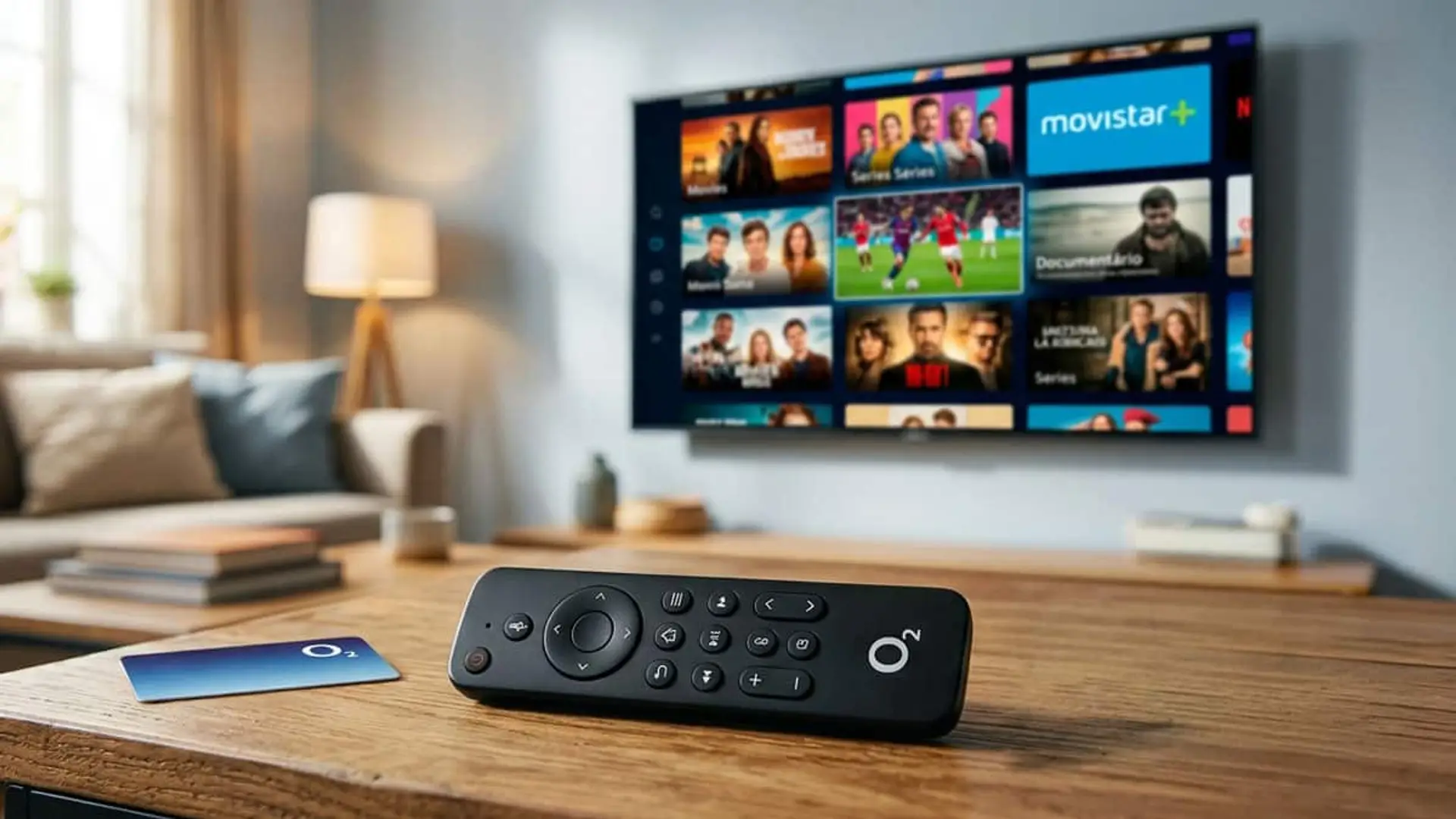 O2 rebaja Movistar Plus a 6 euros: por qué en alguna tarifa sale más barato con TV incluida Mando de O2 sobre una mesa frente a un televisor con la plataforma Movistar Plus