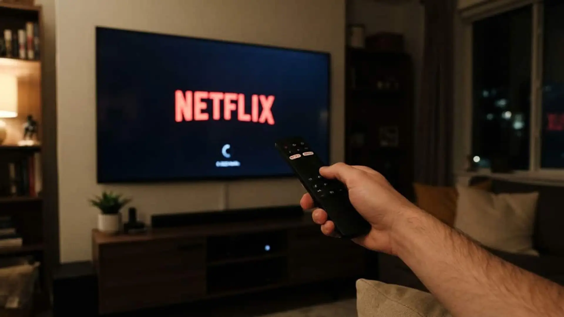Netflix estrena más de 40 películas y series en julio: la guía completa por fechas Mano sosteniendo un mando a distancia frente a un televisor con Netflix en pantalla en un salón de noche