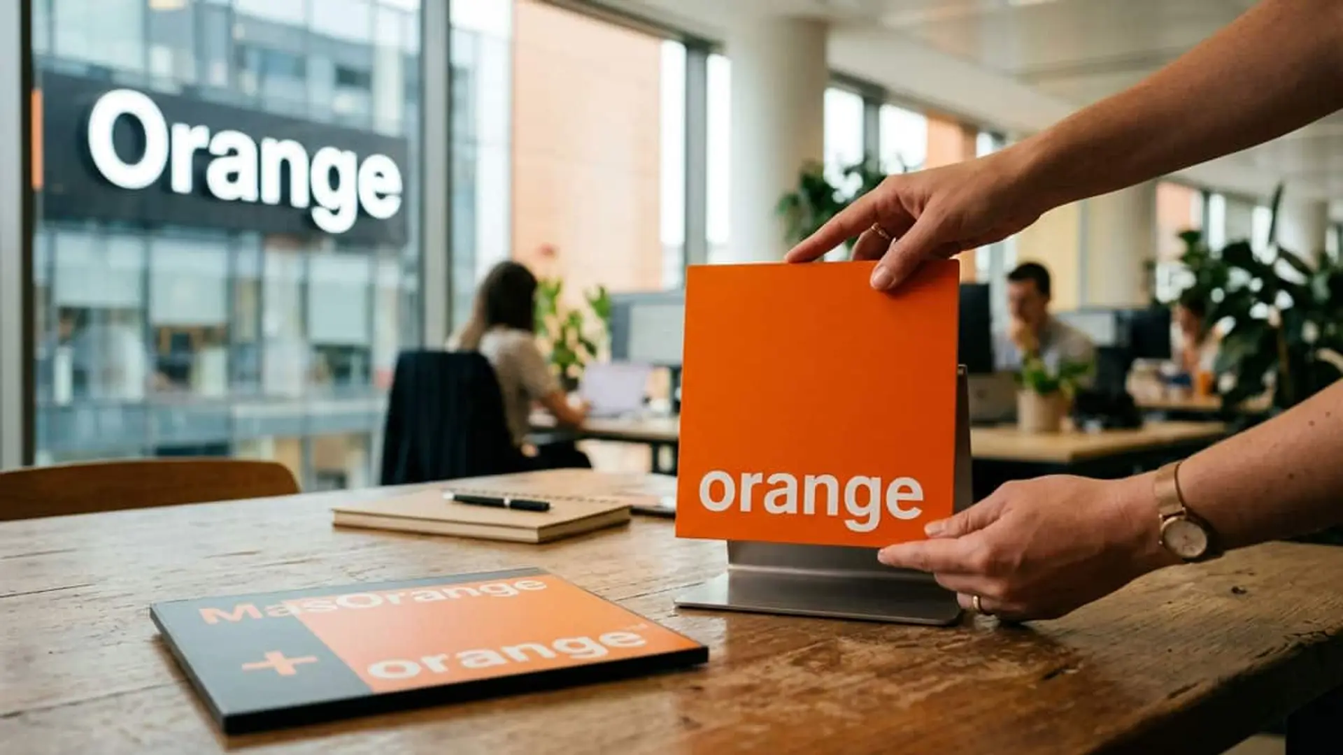 Orange España sustituye a MasOrange como nueva identidad del grupo: qué cambia y qué se mantiene igual Manos colocando un cartel de Orange sobre una mesa de oficina junto a una placa de MasOrange