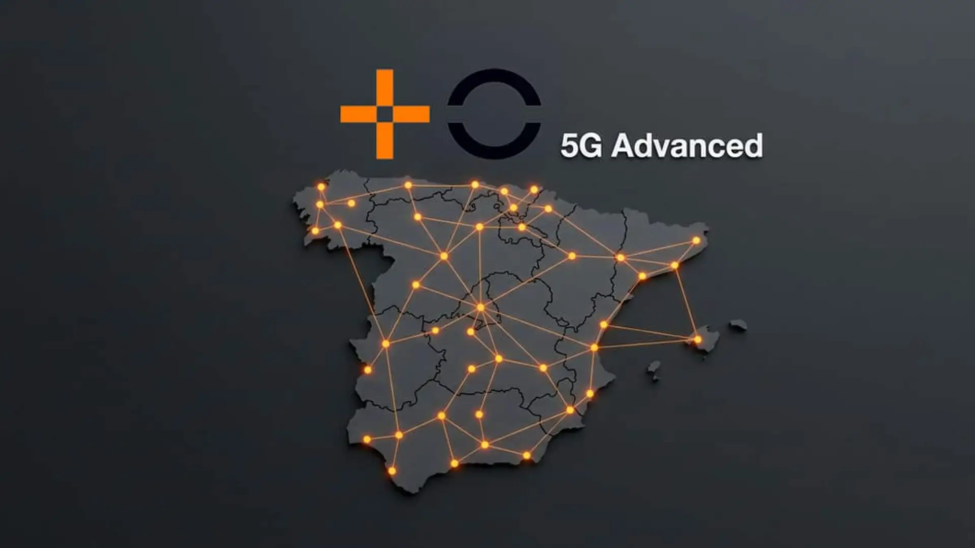 MasOrange extiende la antesala del 6G en España: estas son las 42 ciudades donde activa su red casi sin latencia Mapa de España con nodos de conexión y el logotipo de 5G Advanced de MasOrange