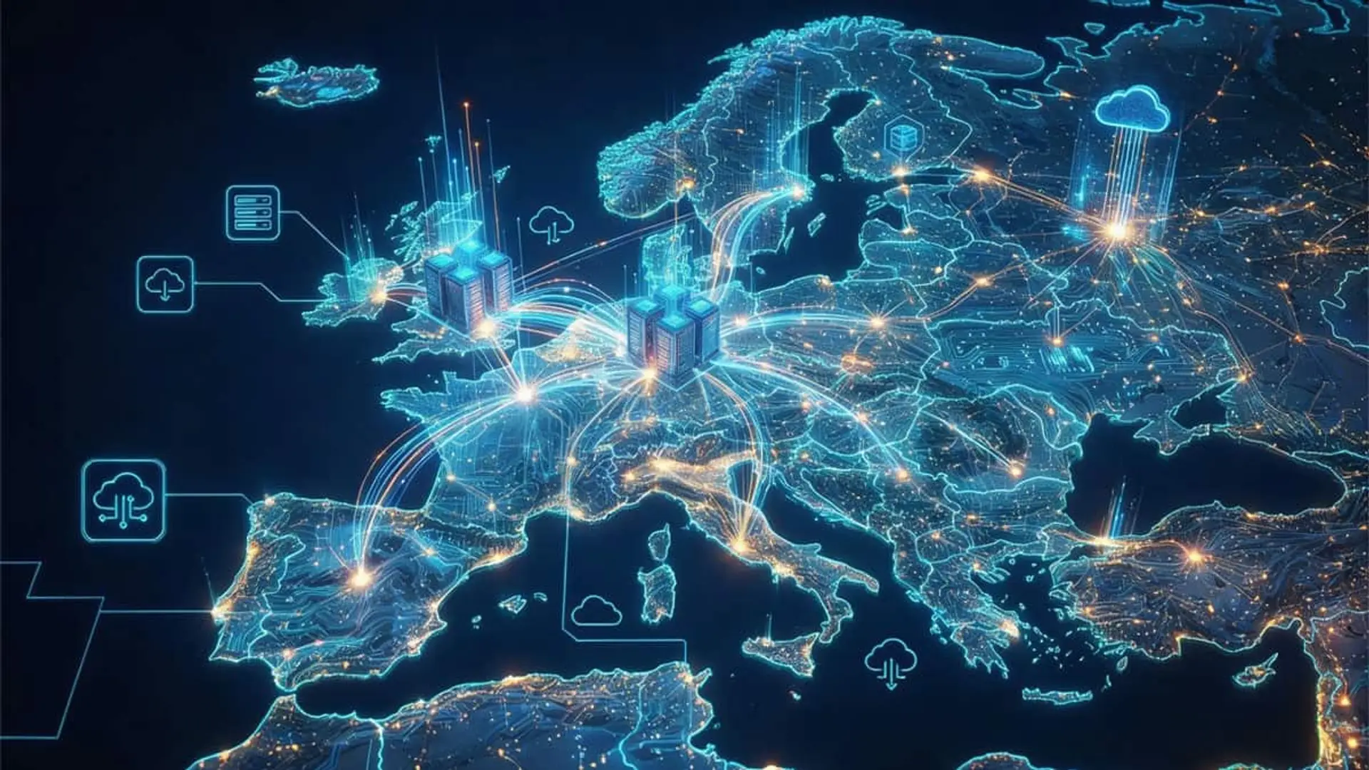 Mapa digital de Europa con conexiones de datos y nodos tecnológicos que representan infraestructura cloud y redes.