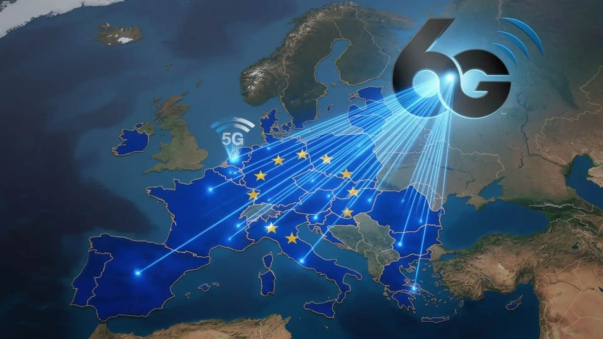 El 6G ya tiene fecha y no será solo más rápido: la UE construye una red que aprende sola y se gestiona con IA Ilustración de la llegada del 6G sobre el mapa de la Unión Europea para representar el avance en conectividad móvil.